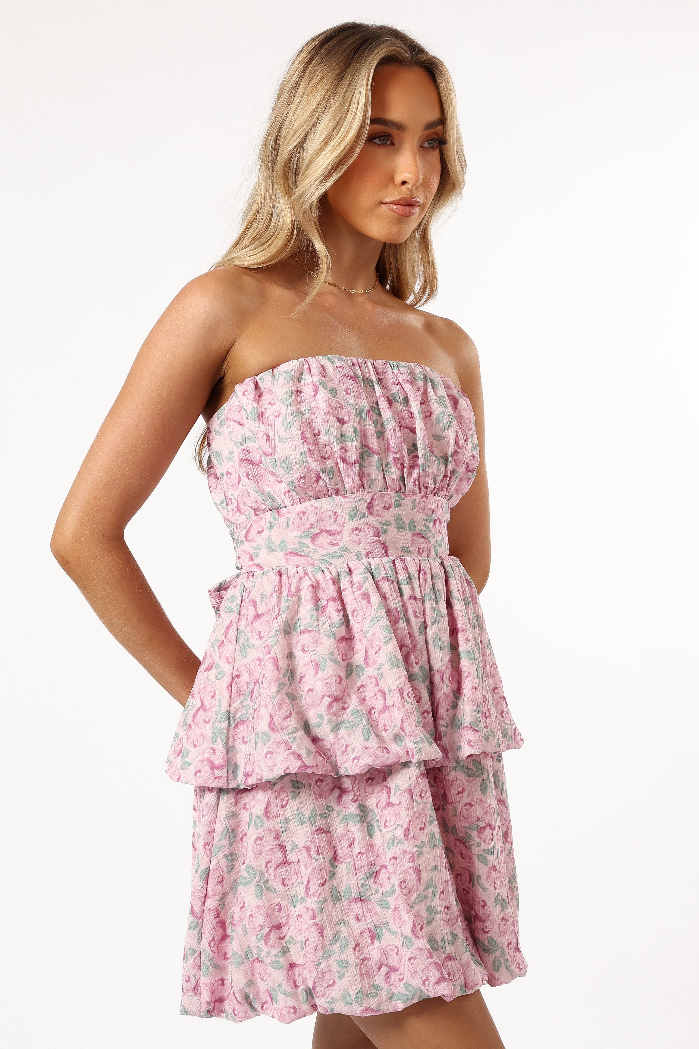 Floral Strapless Mini Dress with Ruffles - Kingsley Pink Purple