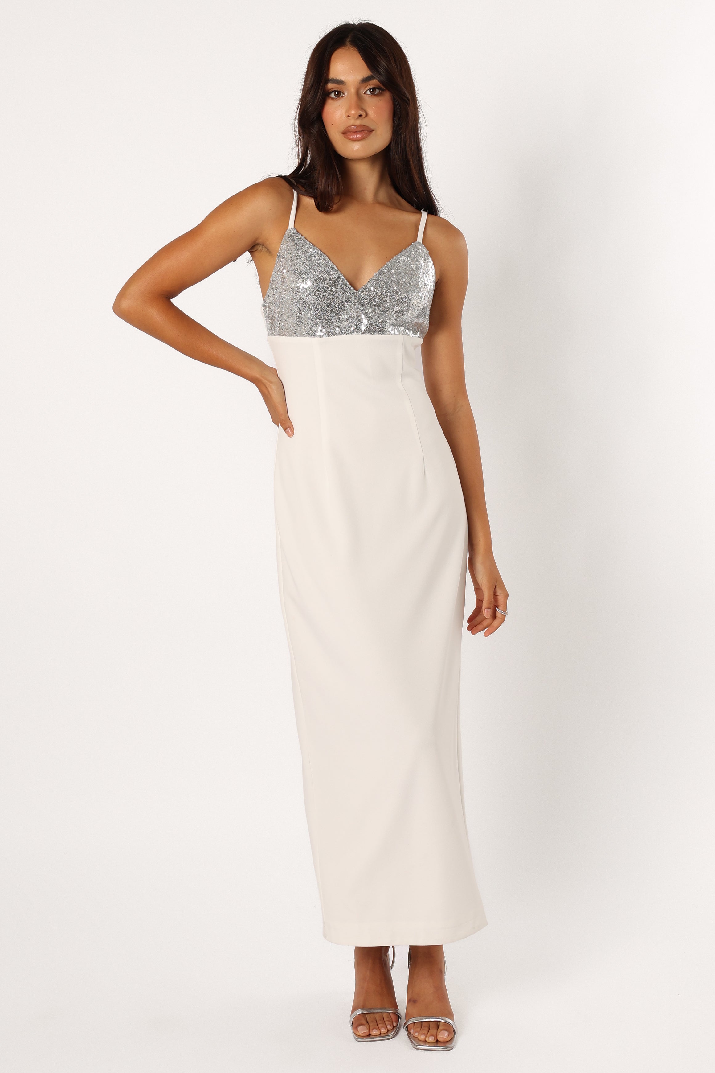 White Silver Kylie Slip Dress with V-Neck & Back Cut Out