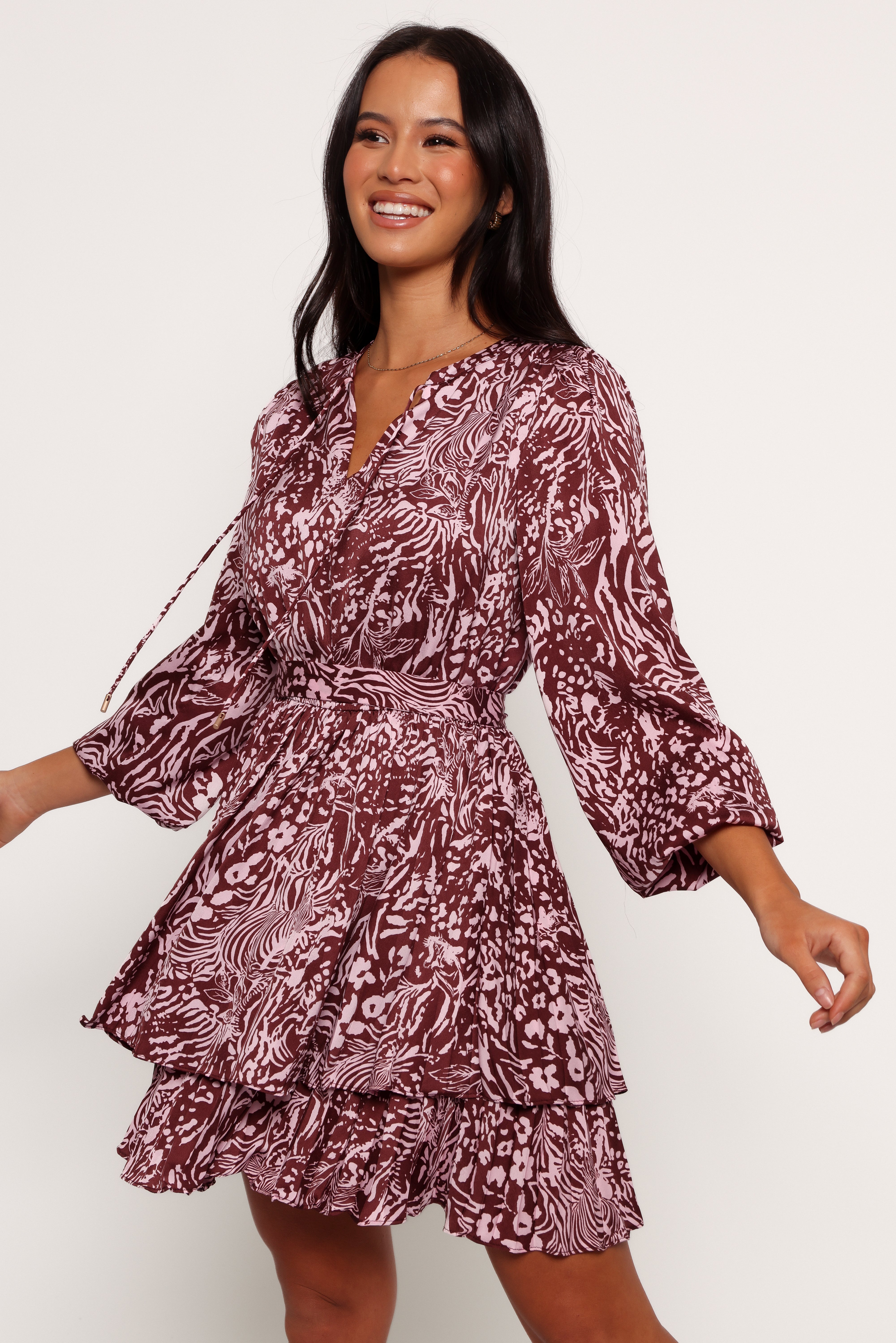 Wrenley V-Neck Long Sleeve Mini Dress with Tie Detail - Chocolate/Pink