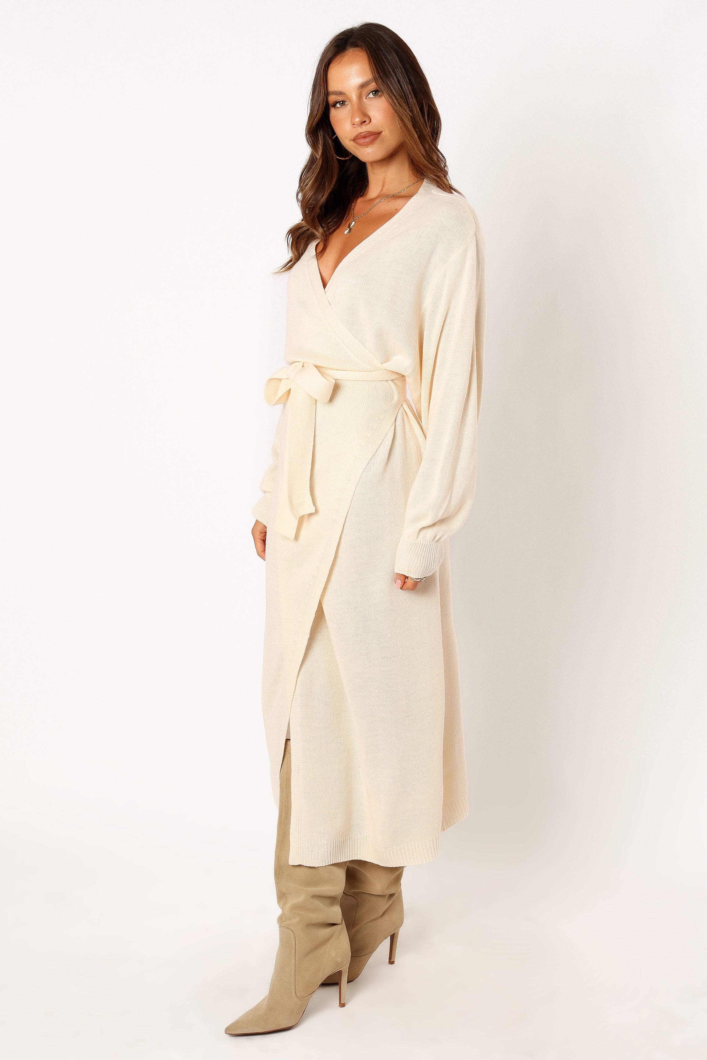 Taupe Knit Wrap Midi Dress with V-Neck & Long Sleeves