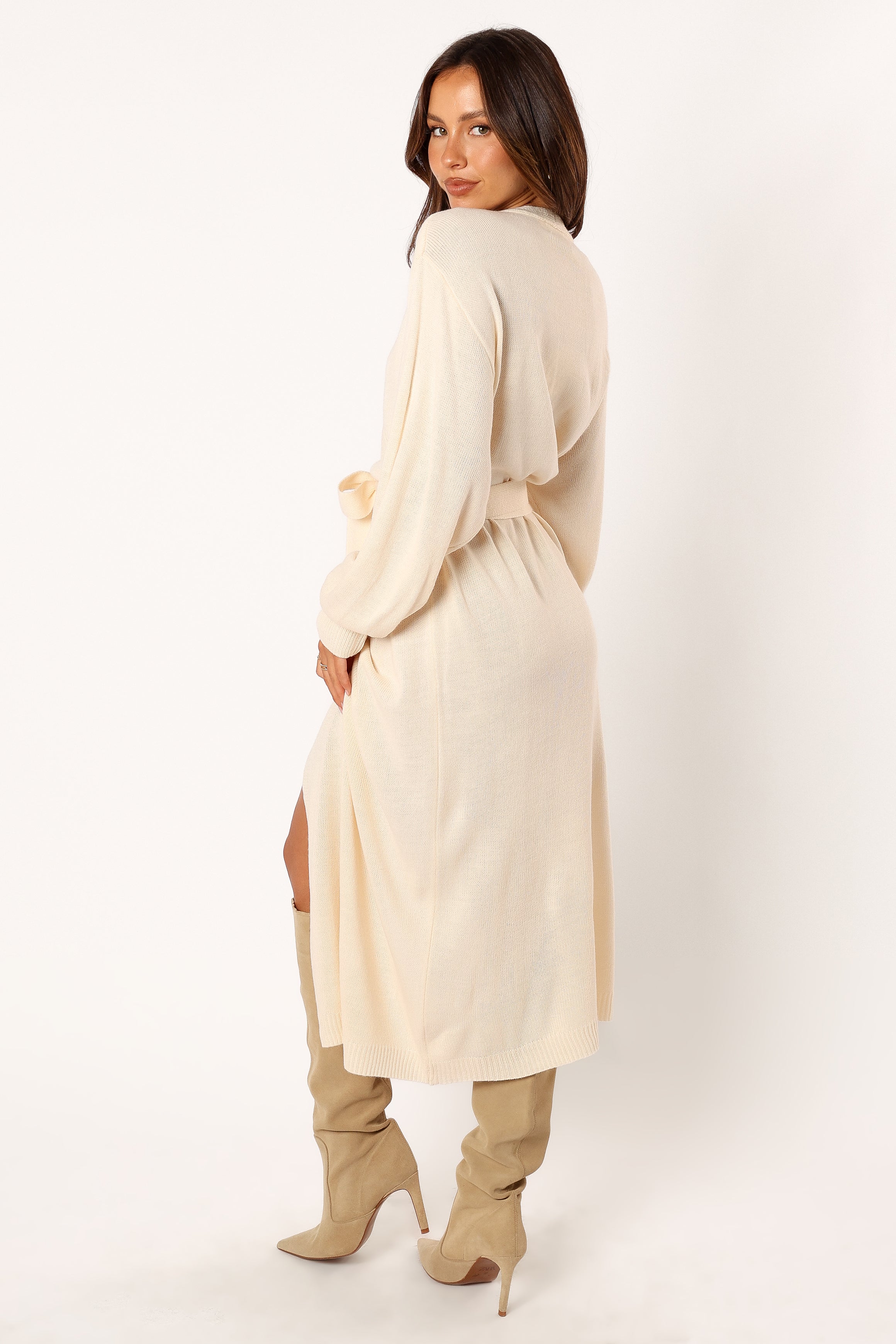 Taupe Knit Wrap Midi Dress with V-Neck & Long Sleeves