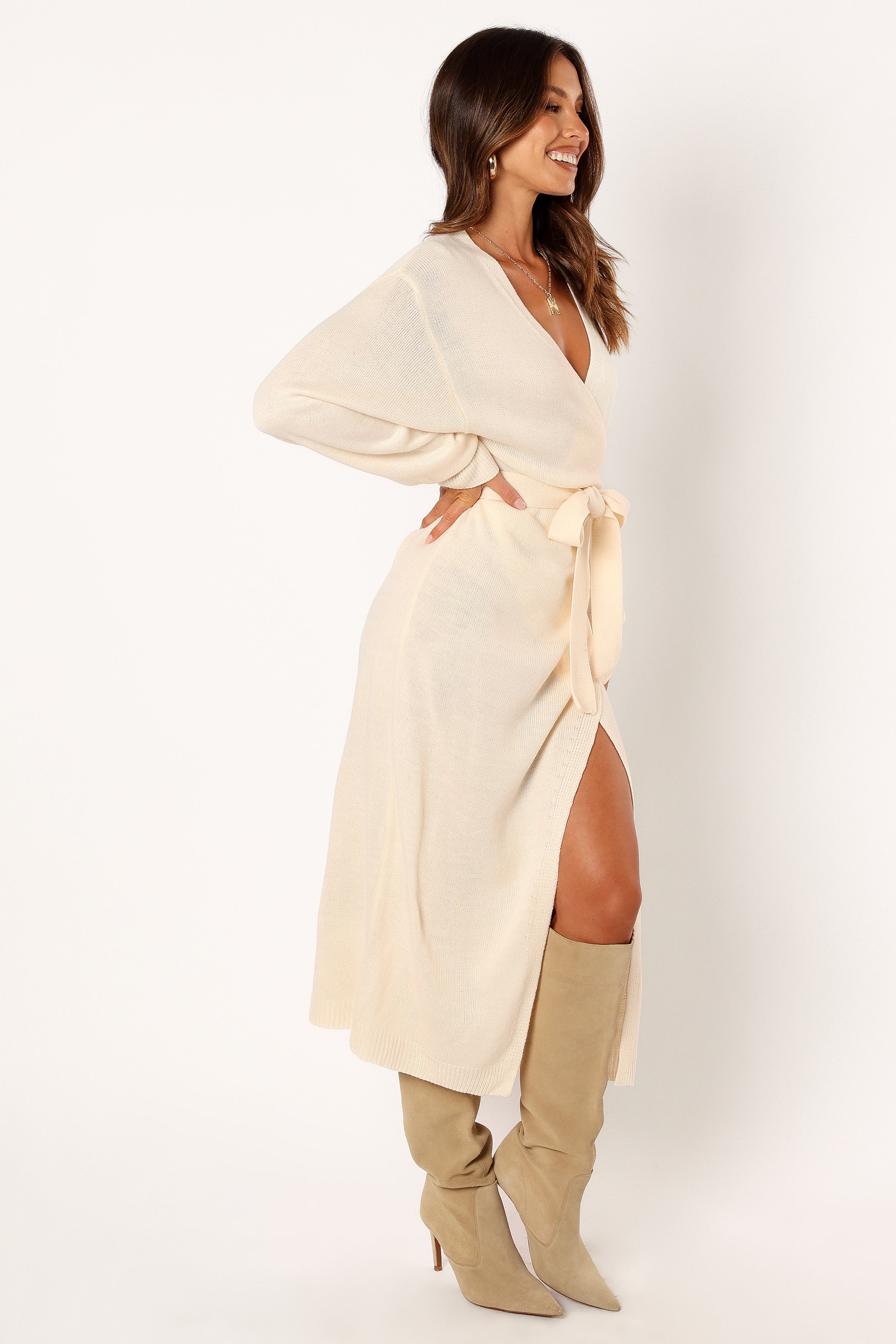 Taupe Knit Wrap Midi Dress with V-Neck & Long Sleeves