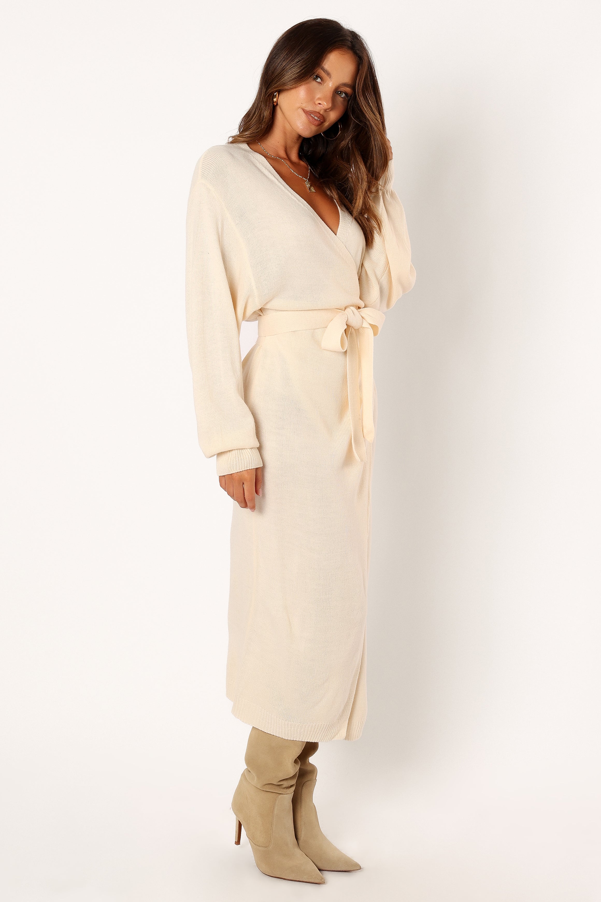 Taupe Knit Wrap Midi Dress with V-Neck & Long Sleeves