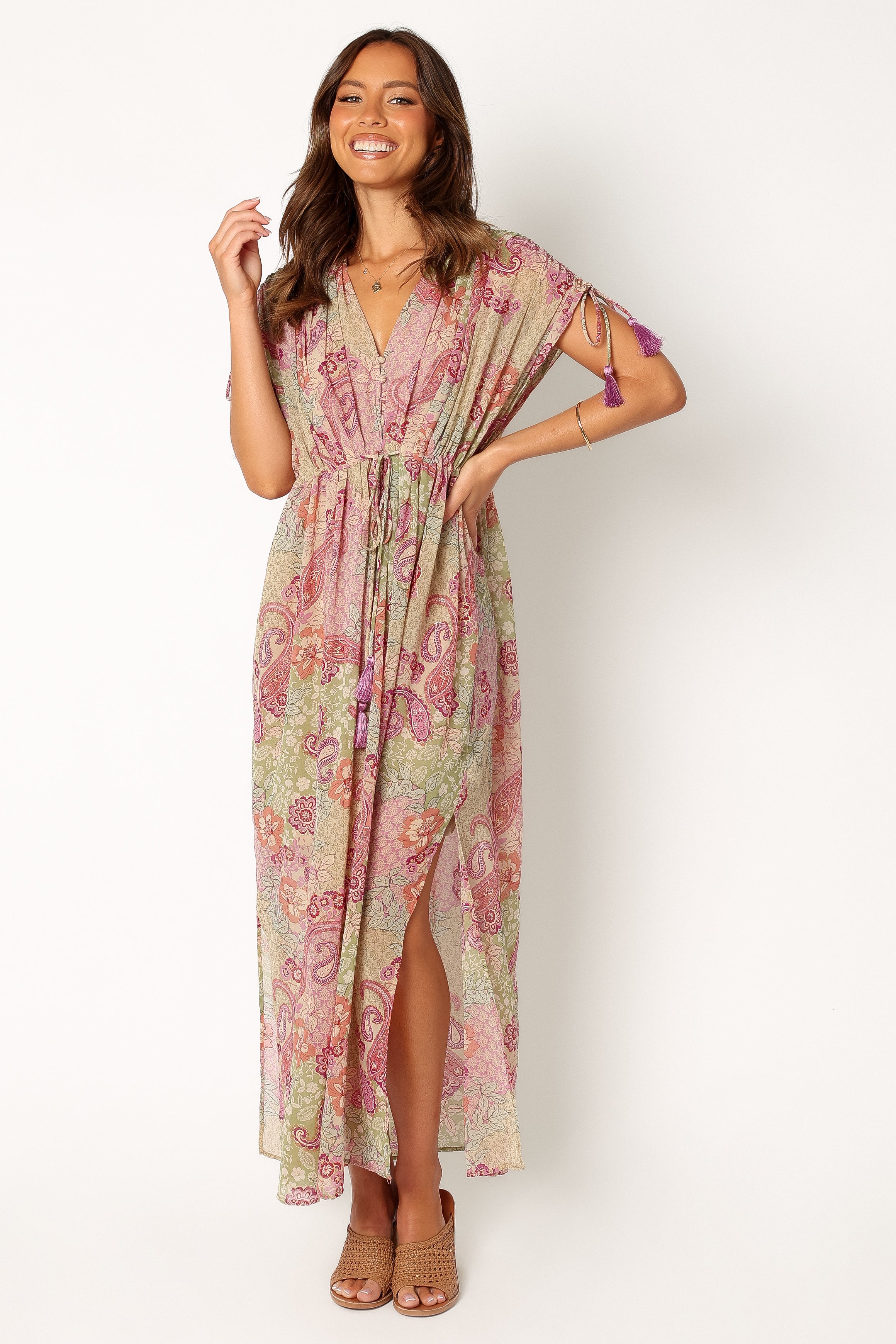 Cyril V-Neck Maxi Dress with Drawstring Sleeves - Iris Oasis Print