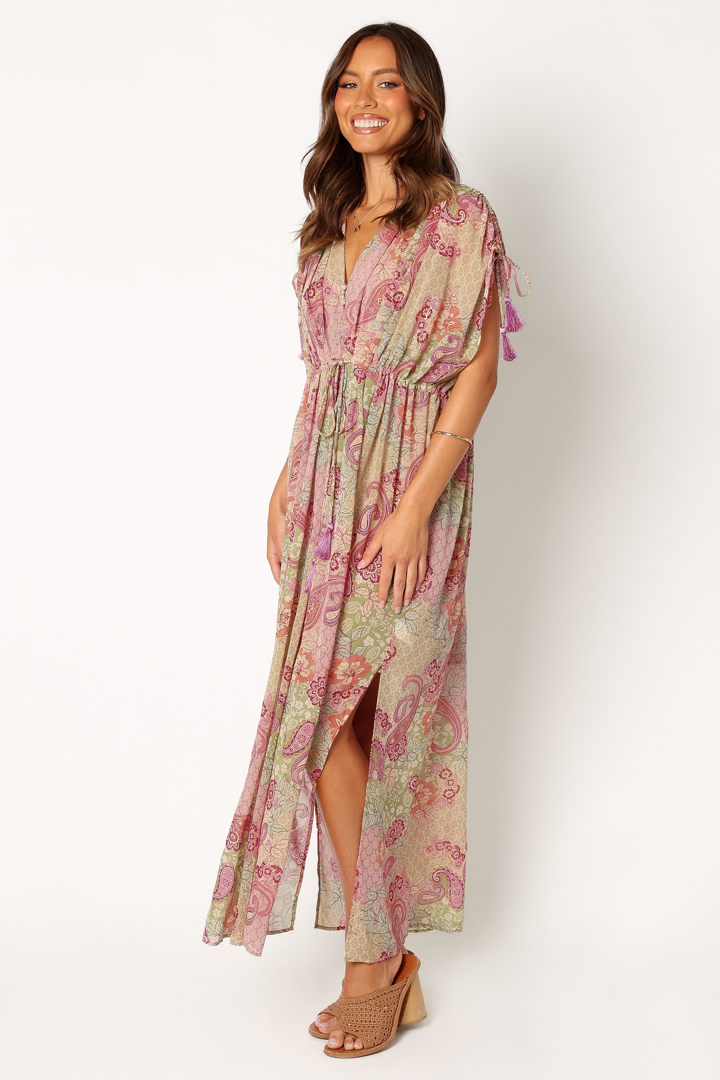 Cyril V-Neck Maxi Dress with Drawstring Sleeves - Iris Oasis Print