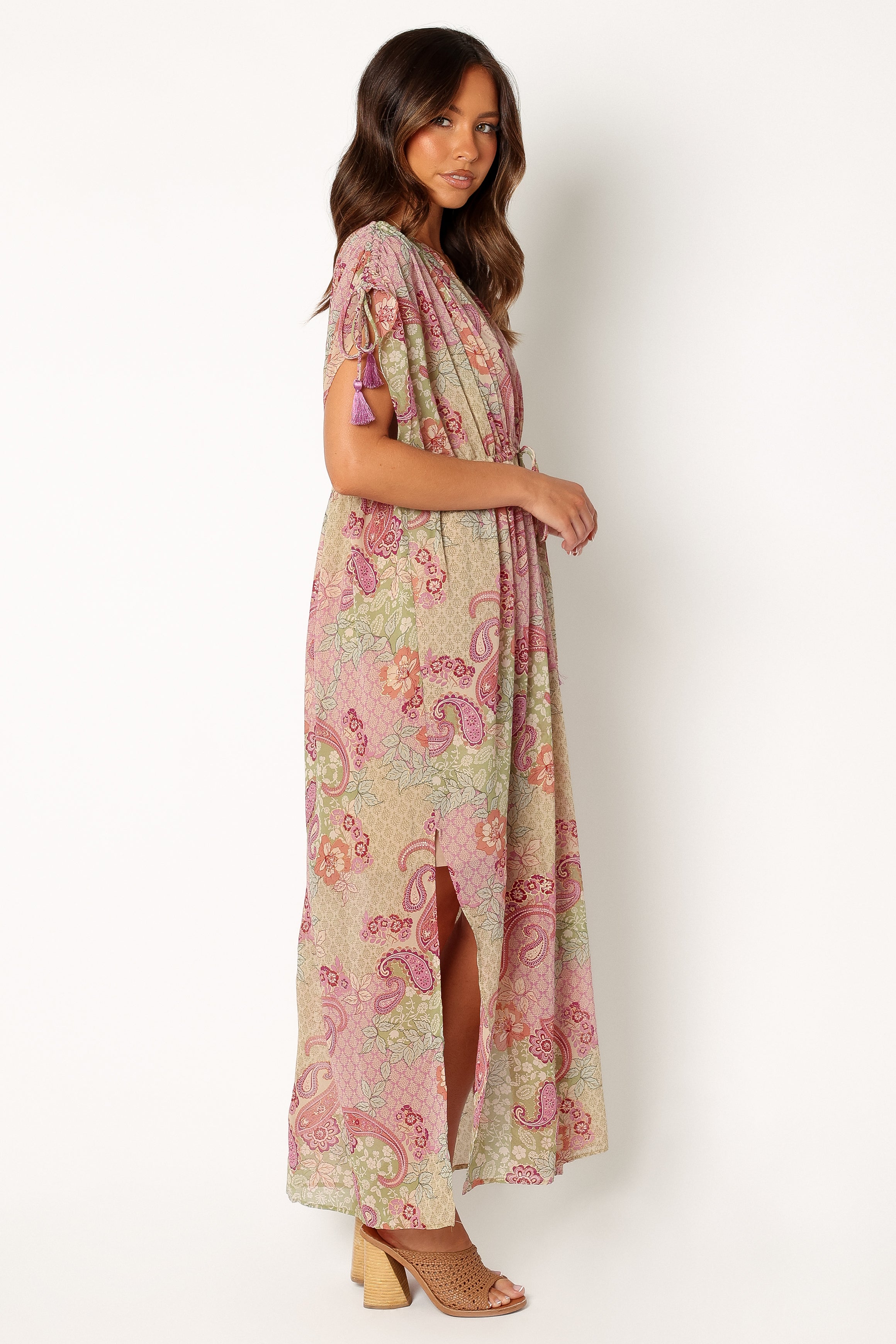 Cyril V-Neck Maxi Dress with Drawstring Sleeves - Iris Oasis Print