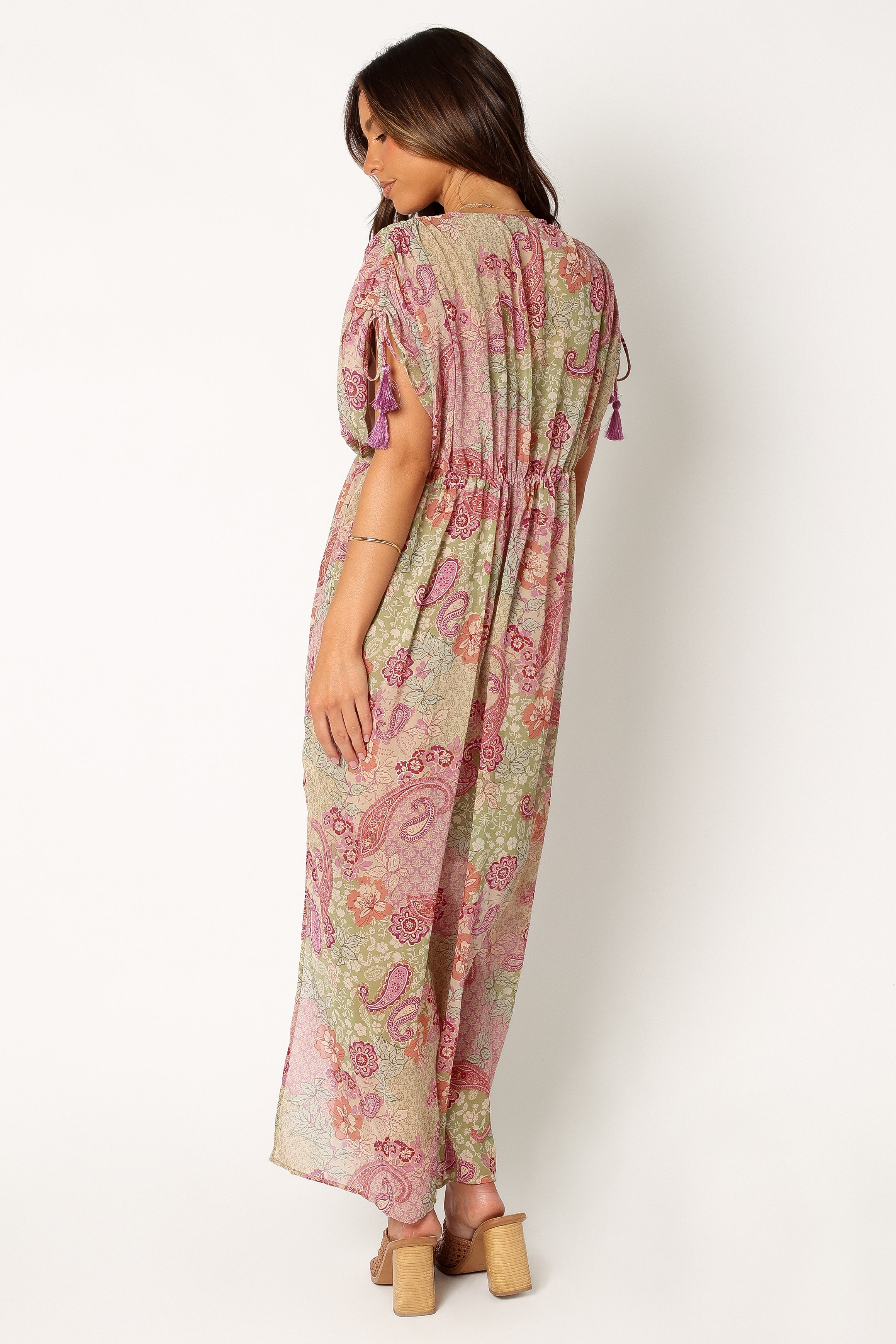 Cyril V-Neck Maxi Dress with Drawstring Sleeves - Iris Oasis Print