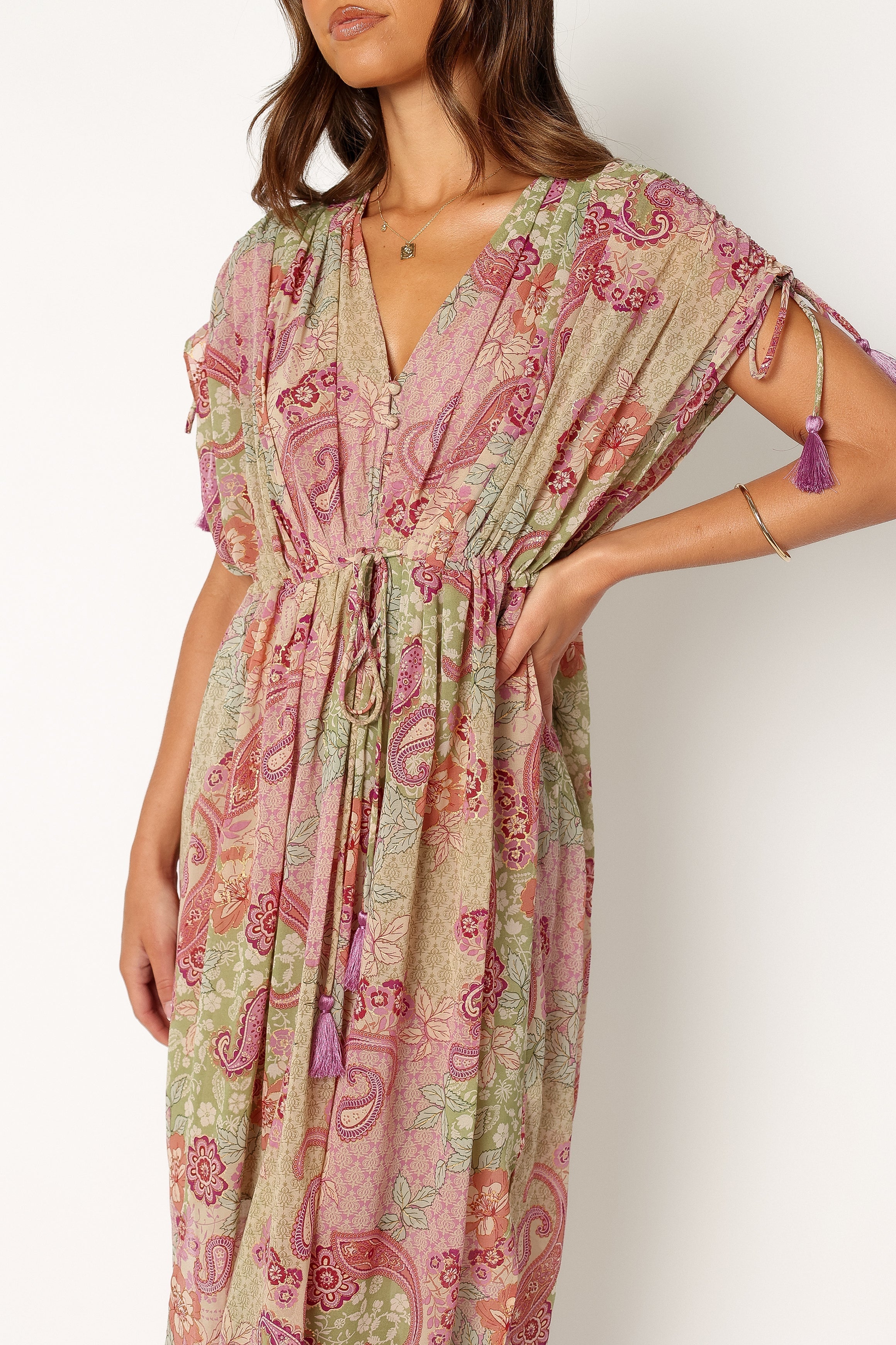 Cyril V-Neck Maxi Dress with Drawstring Sleeves - Iris Oasis Print