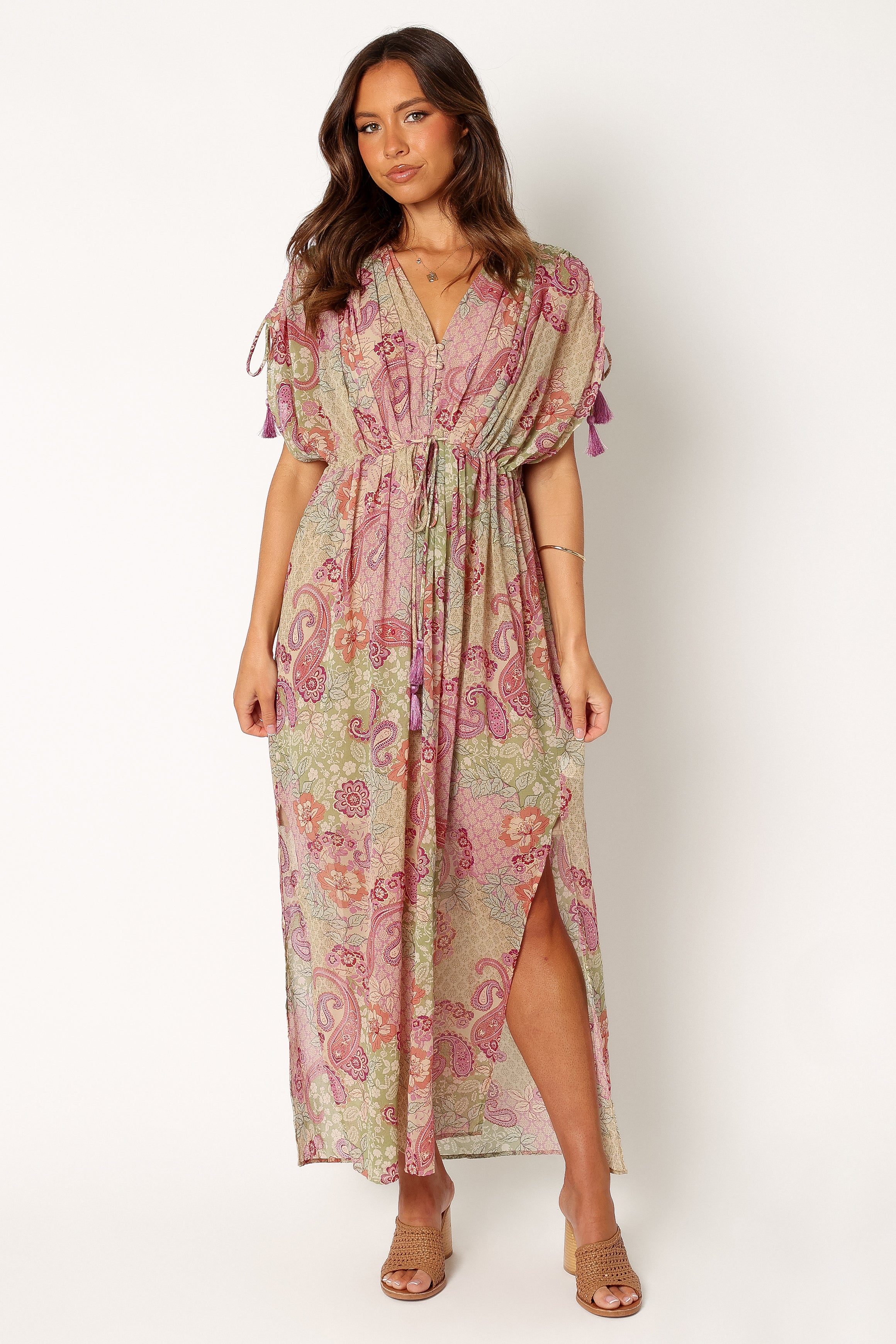 Cyril V-Neck Maxi Dress with Drawstring Sleeves - Iris Oasis Print
