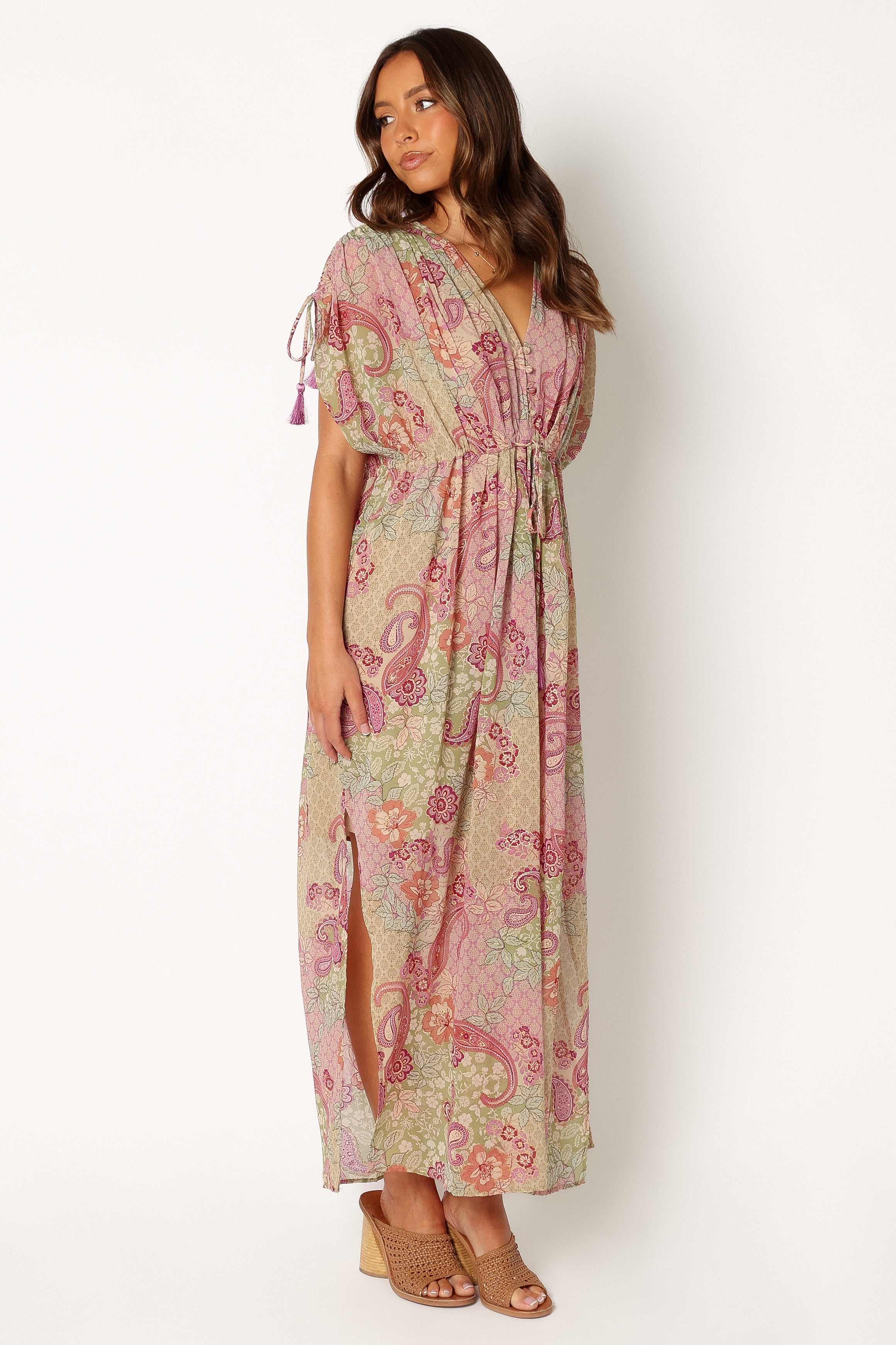 Cyril V-Neck Maxi Dress with Drawstring Sleeves - Iris Oasis Print