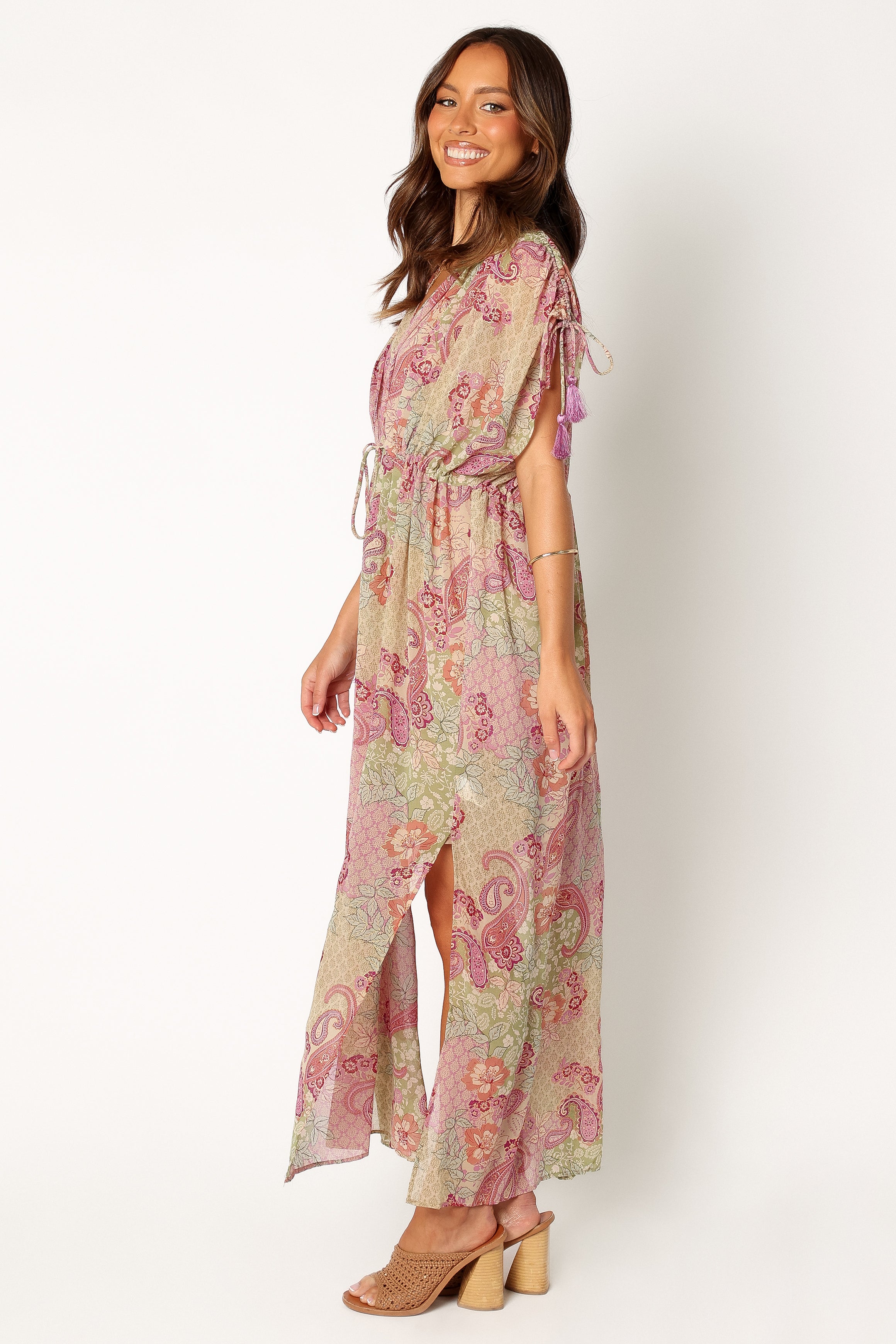 Cyril V-Neck Maxi Dress with Drawstring Sleeves - Iris Oasis Print