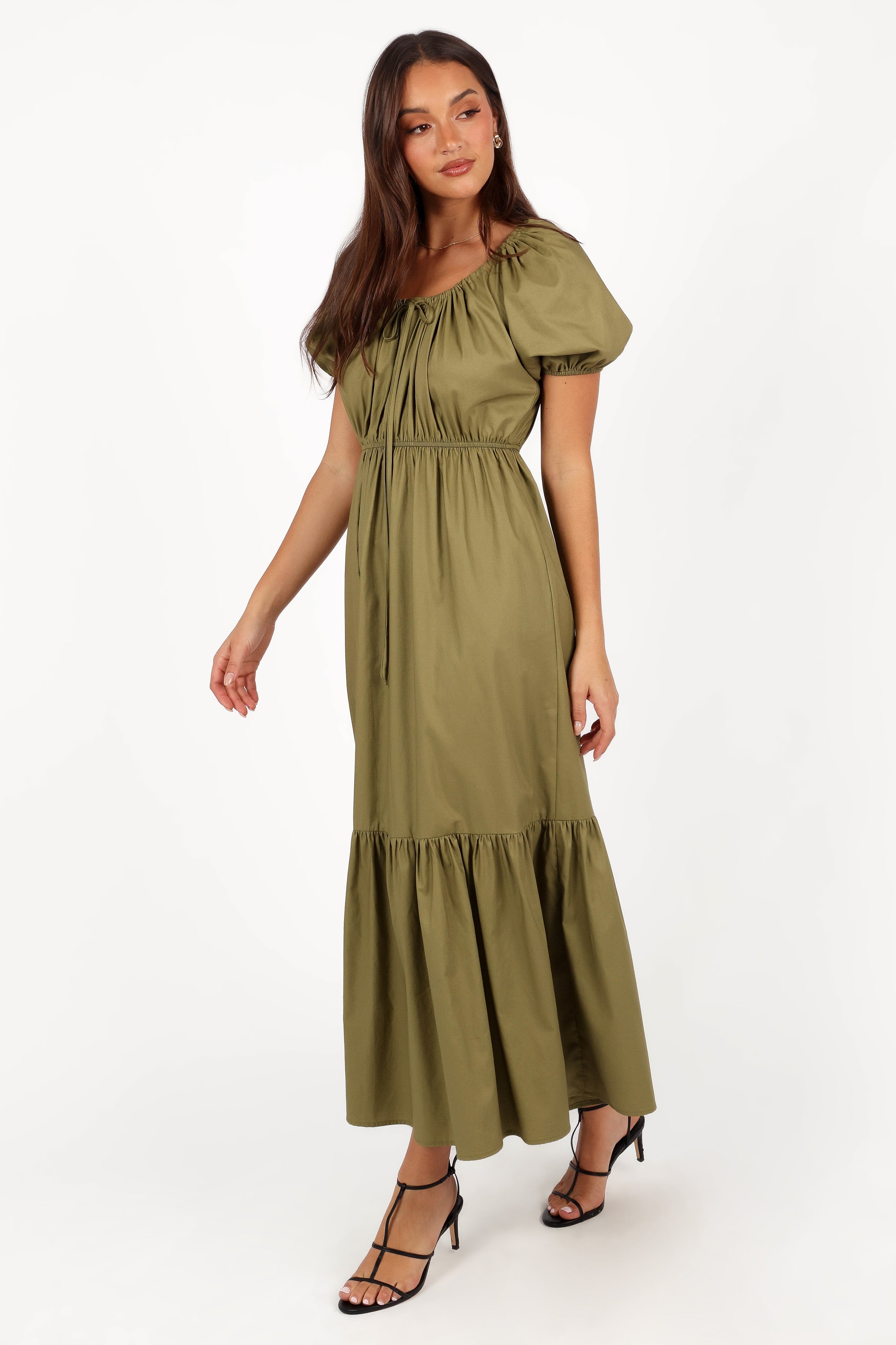 Juliana Olive Cotton Maxi Dress with Pockets & Tiered Hem