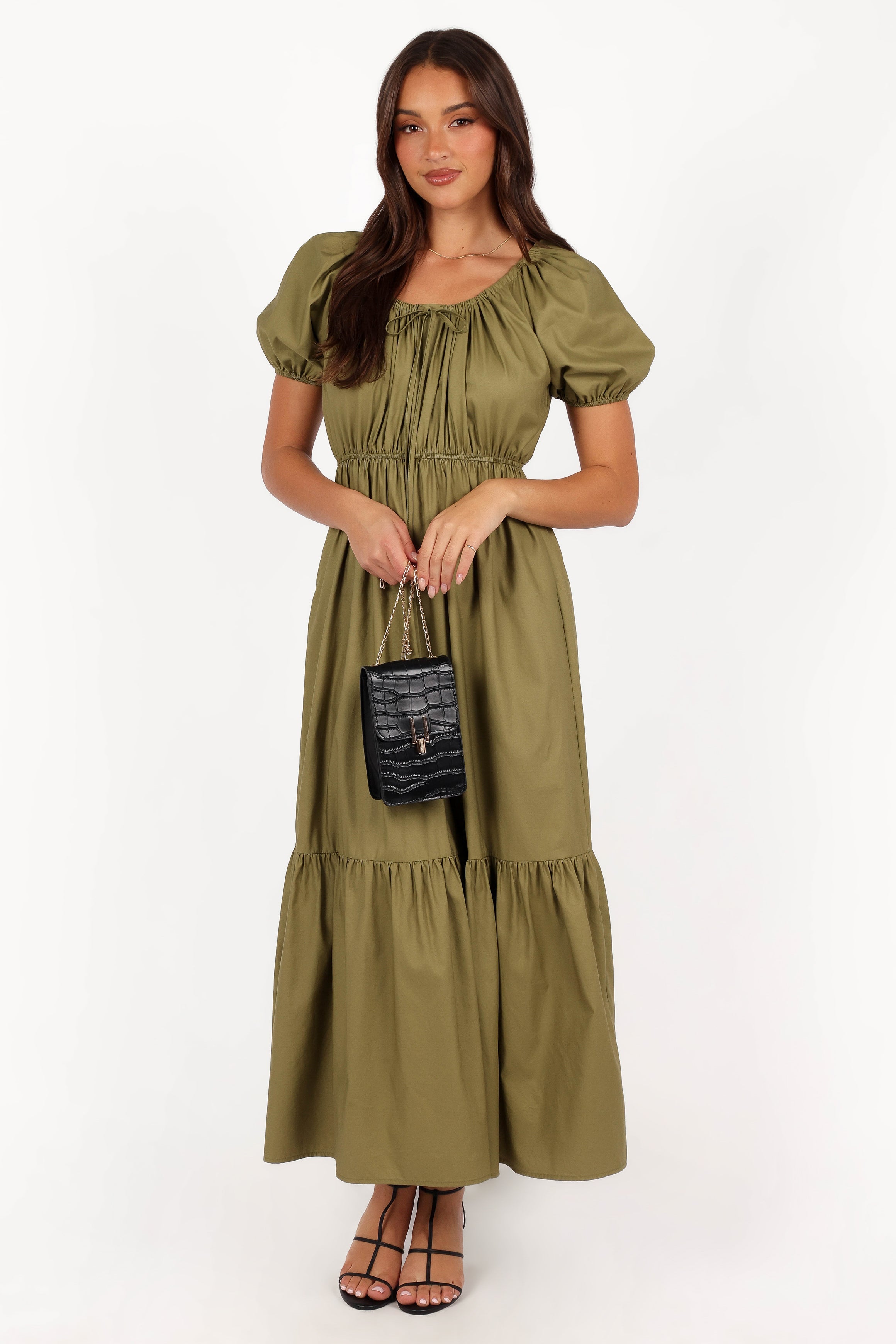 Juliana Olive Cotton Maxi Dress with Pockets & Tiered Hem