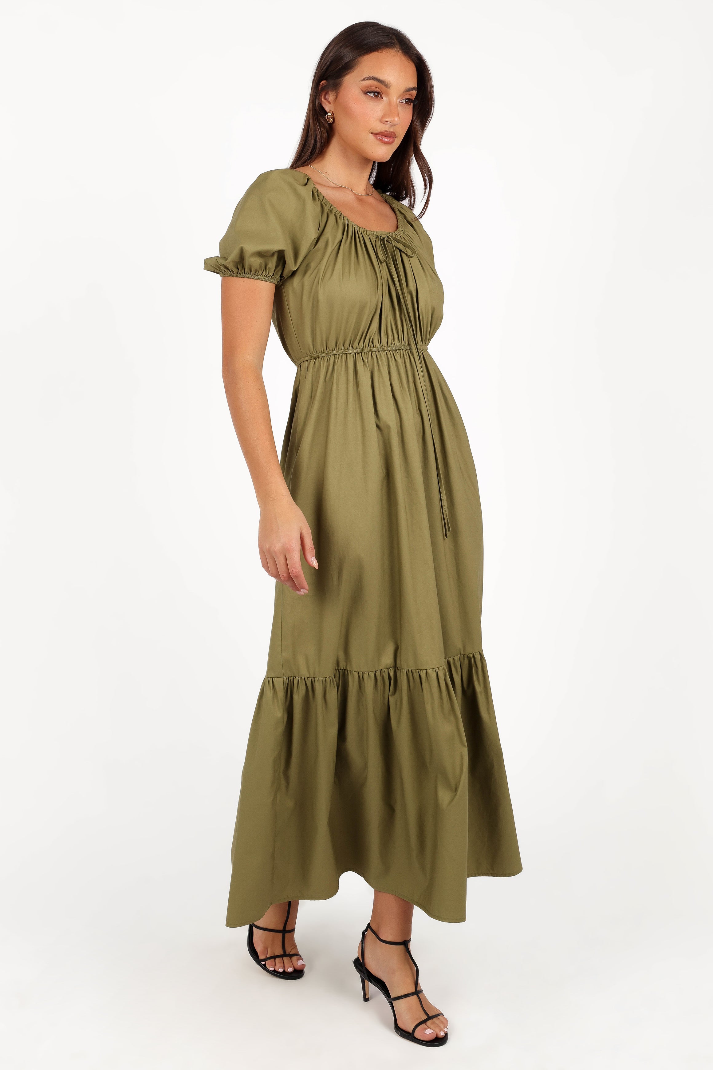 Juliana Olive Cotton Maxi Dress with Pockets & Tiered Hem