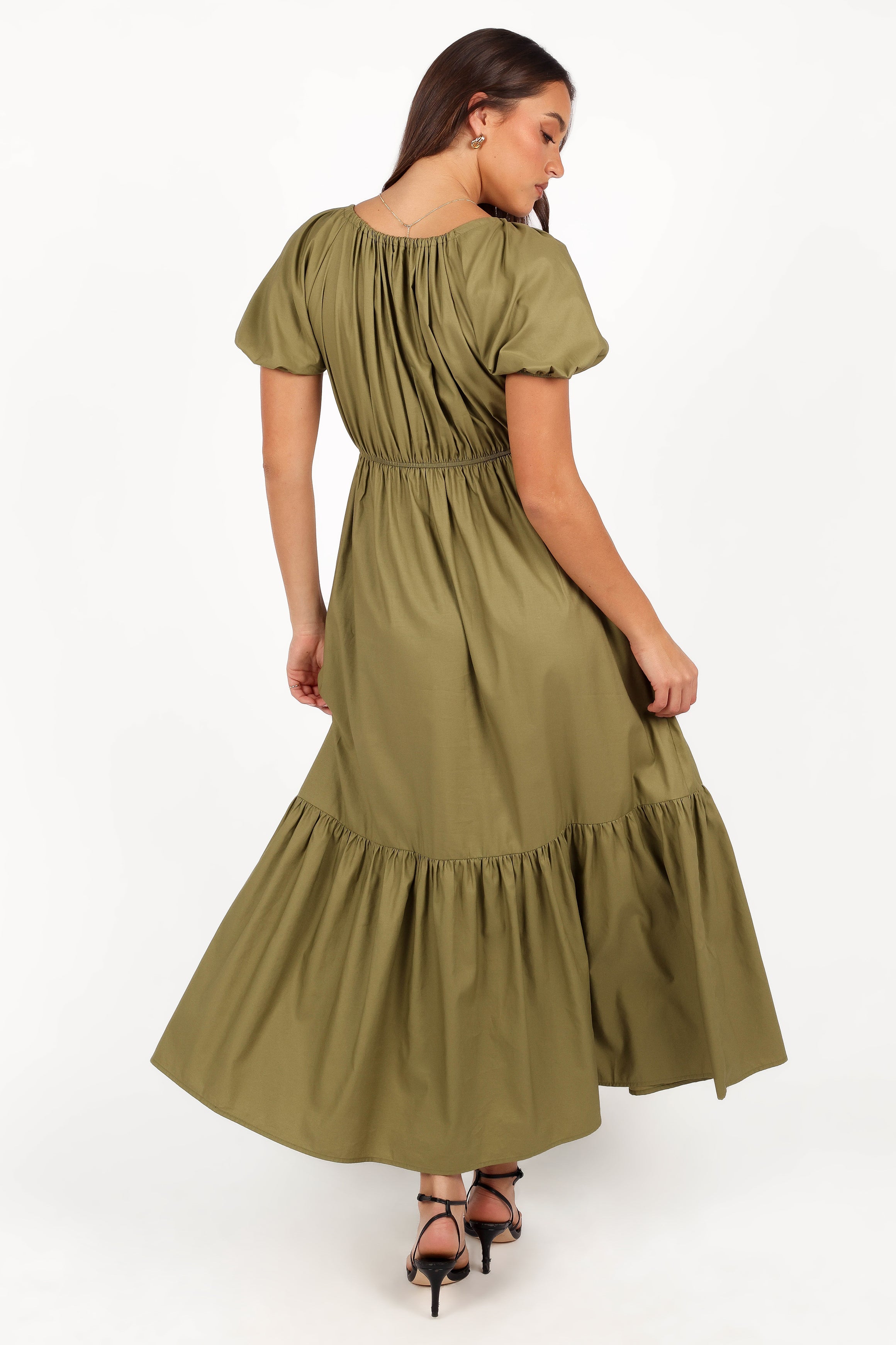 Juliana Olive Cotton Maxi Dress with Pockets & Tiered Hem