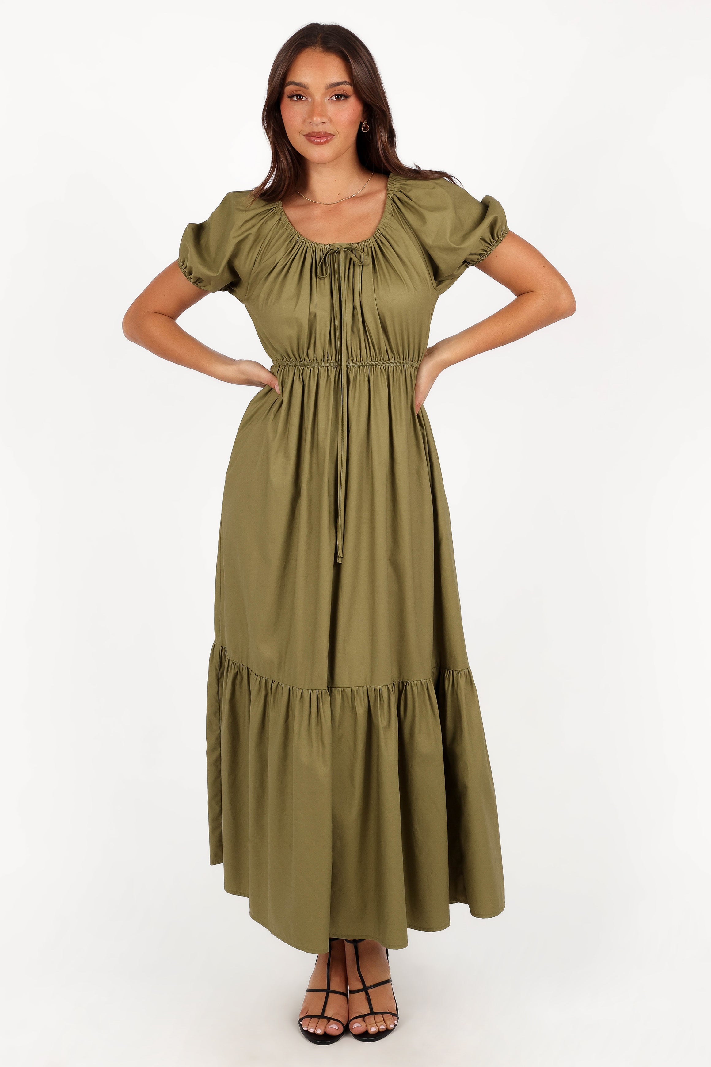 Juliana Olive Cotton Maxi Dress with Pockets & Tiered Hem