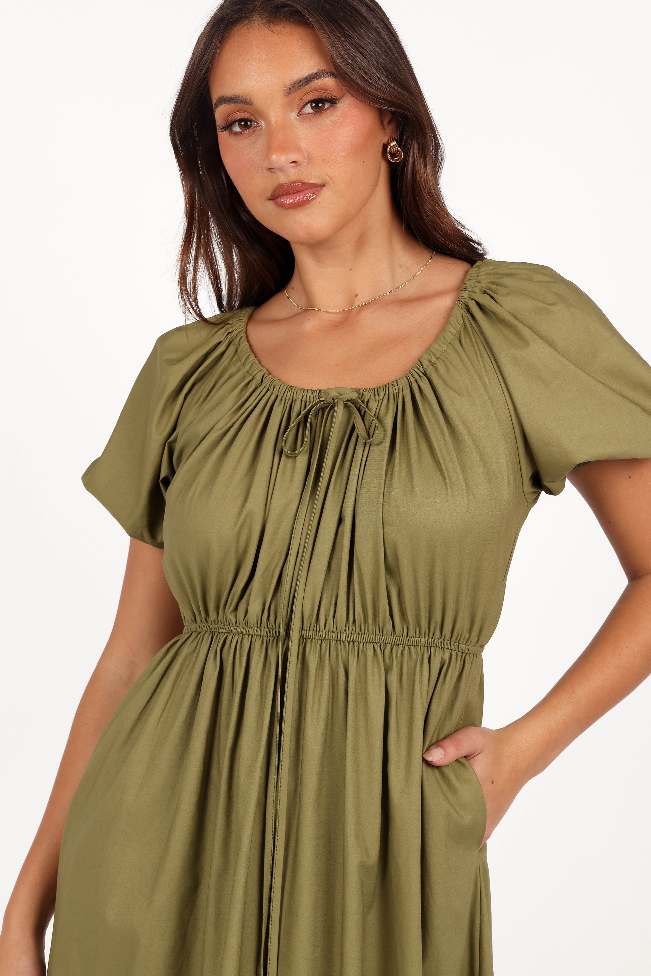 Juliana Olive Cotton Maxi Dress with Pockets & Tiered Hem