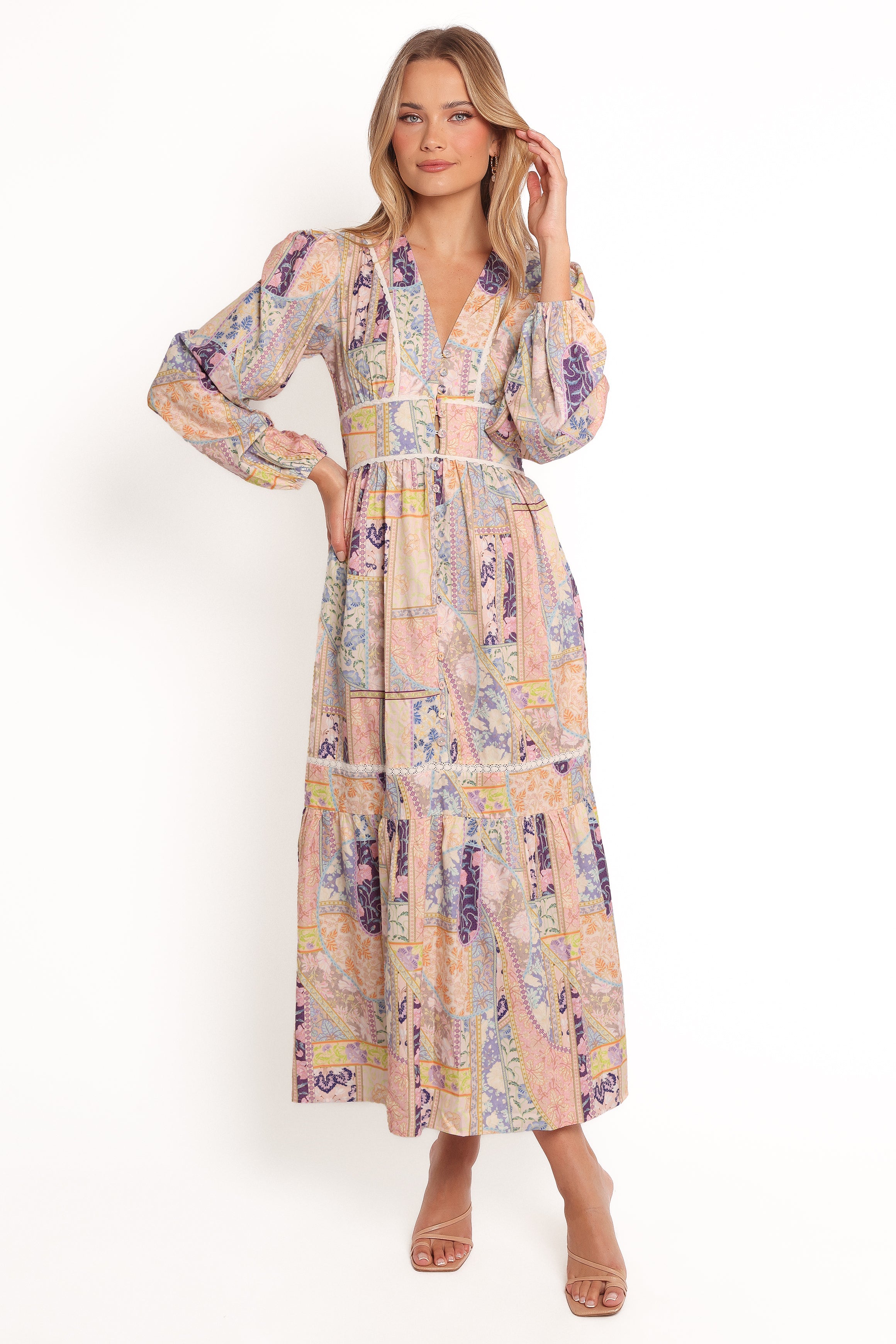 Ariella Patchwork Maxi Dress with Lace Trim & Tiered Hem