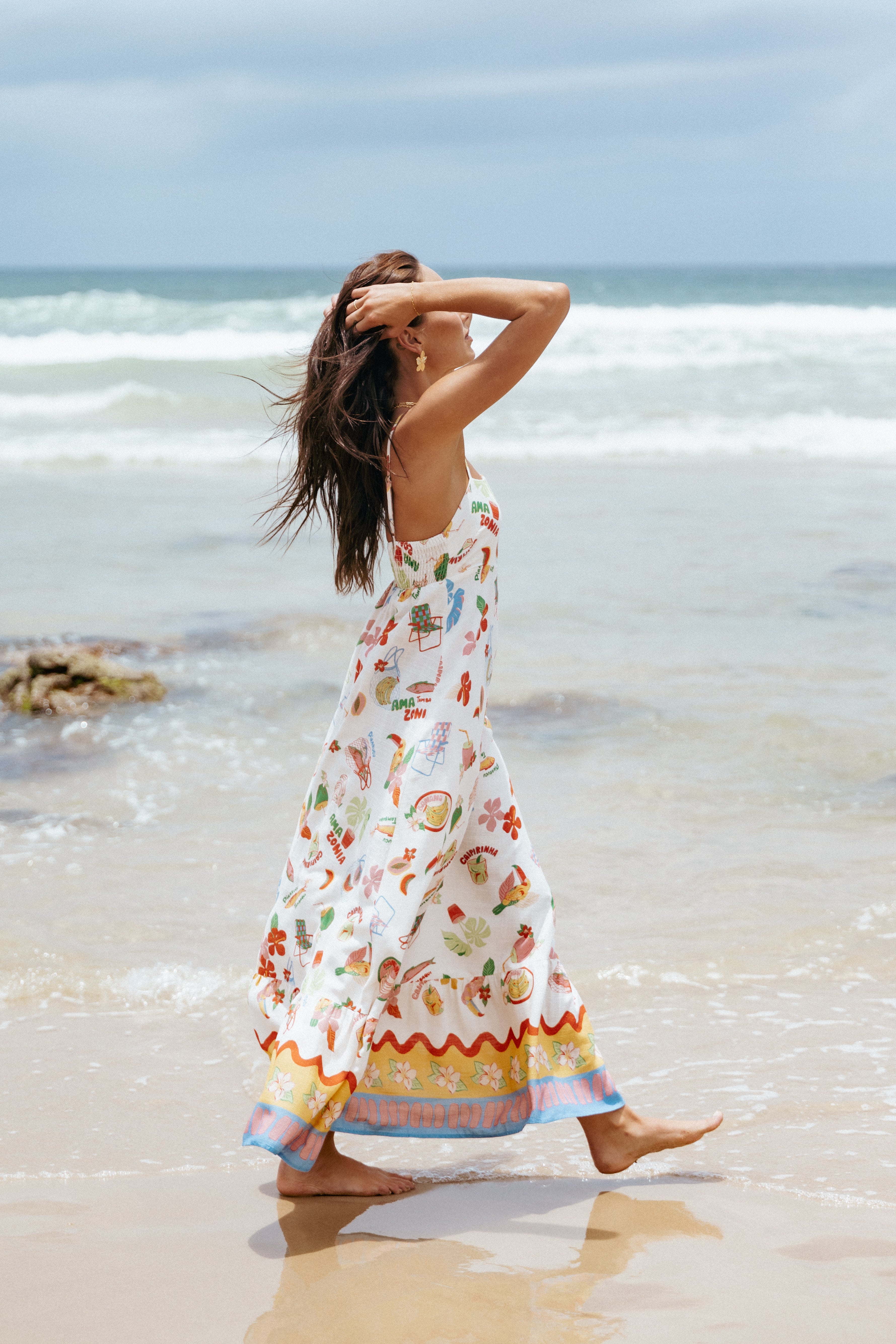 Else Maxi Dress with Square Neckline & Adjustable Straps - Tropical Print