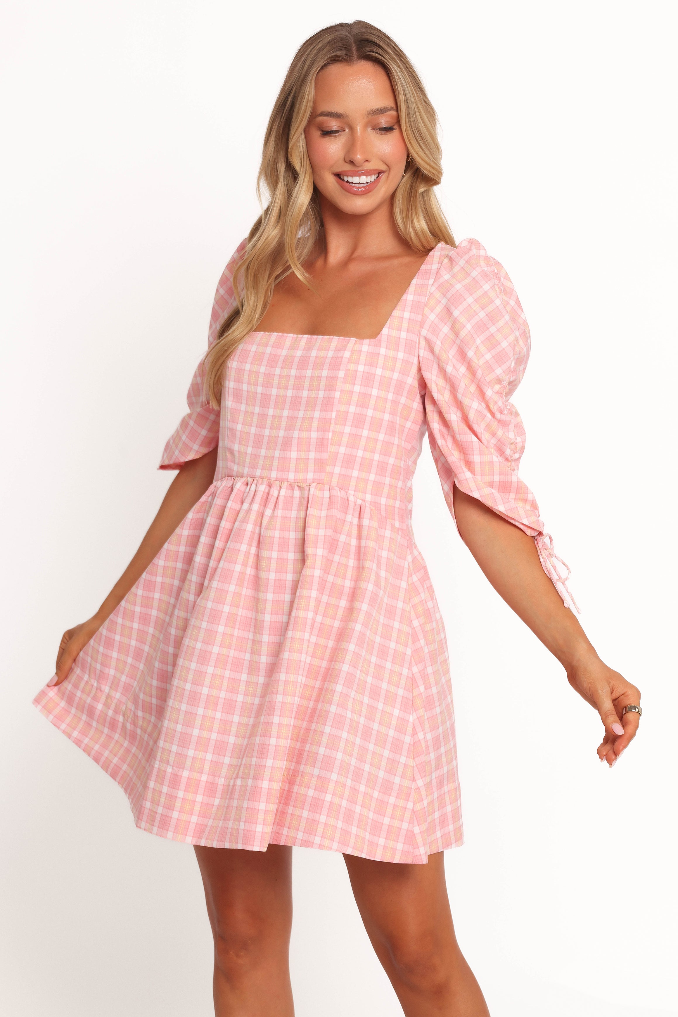 Siena Pink Check Square Neck Mini Dress with Tie Sleeves
