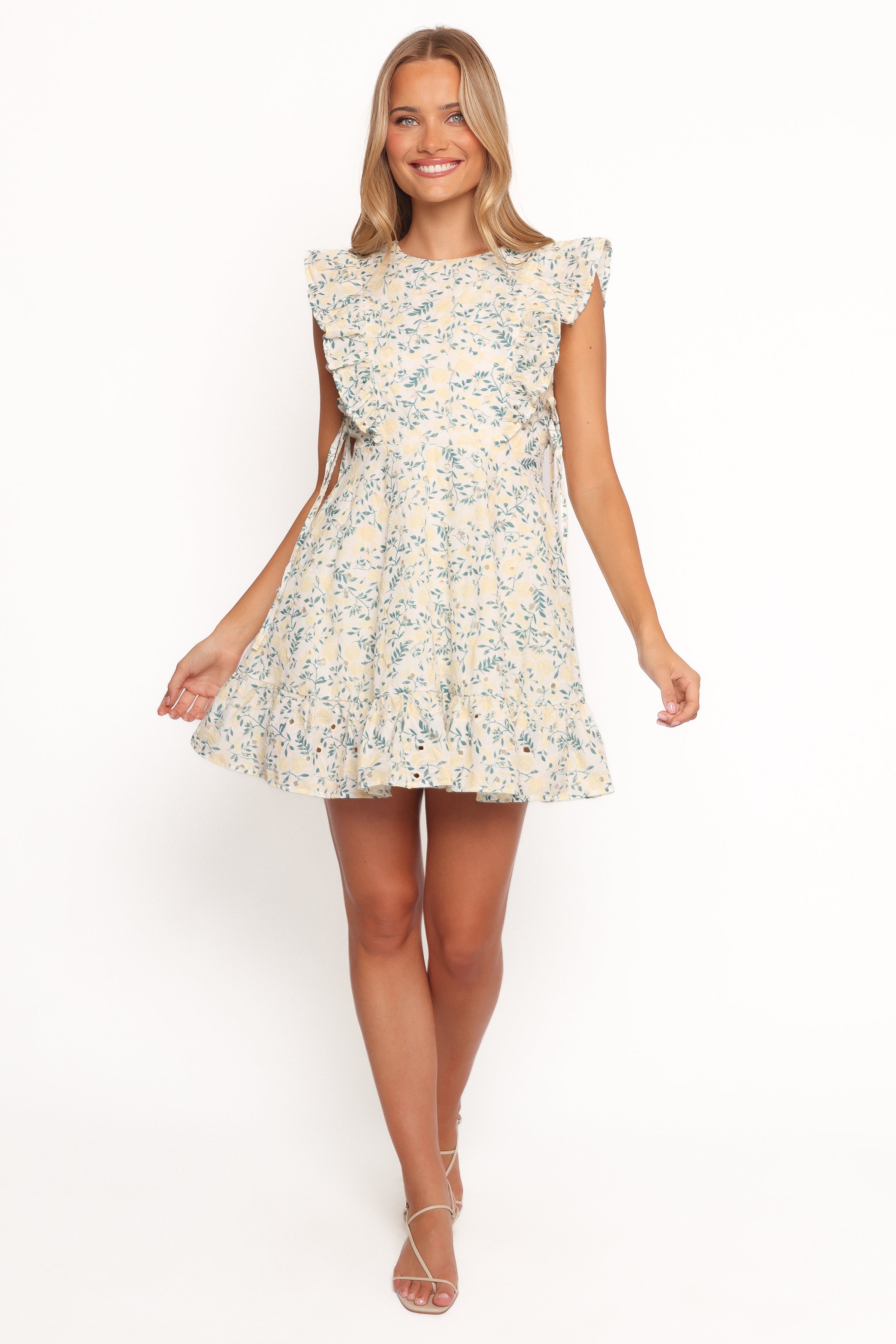 Rosalind Floral Embroidered Mini Dress in Yellow - Cotton Summer Dress