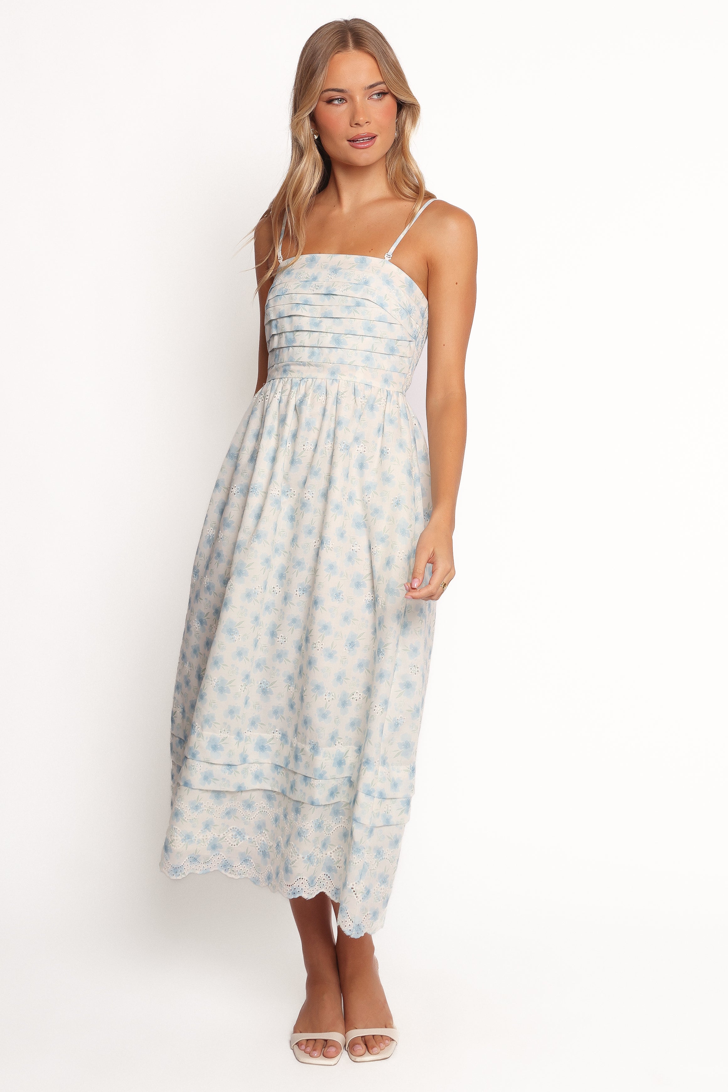 Blue Floral Midi Dress with Square Neckline – Lisette Cotton Lined