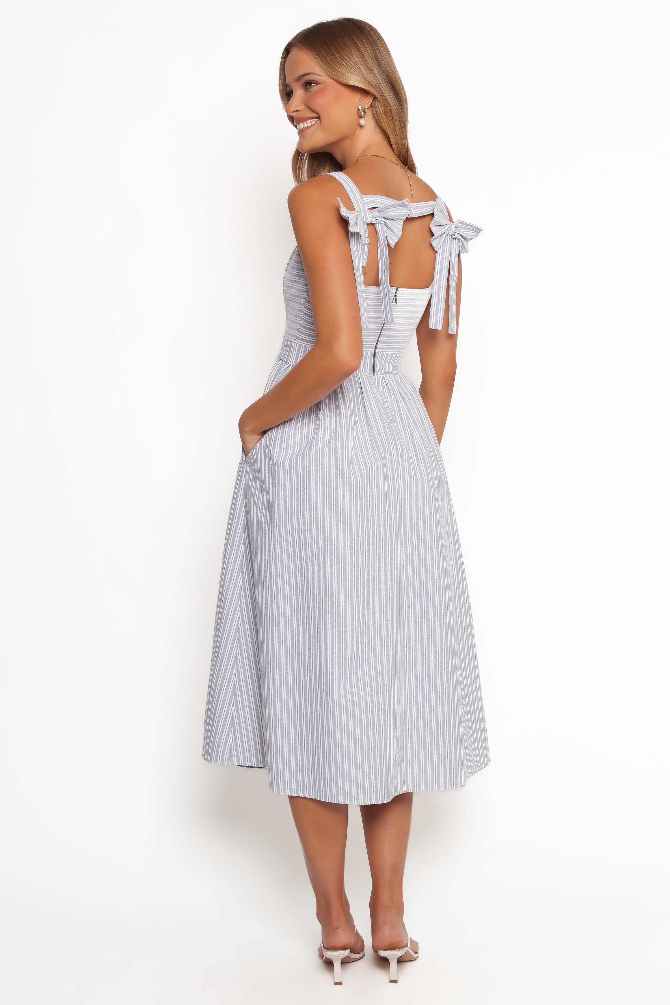 Johanna Square Neck Midi Dress with Bow Straps - Grey & White
