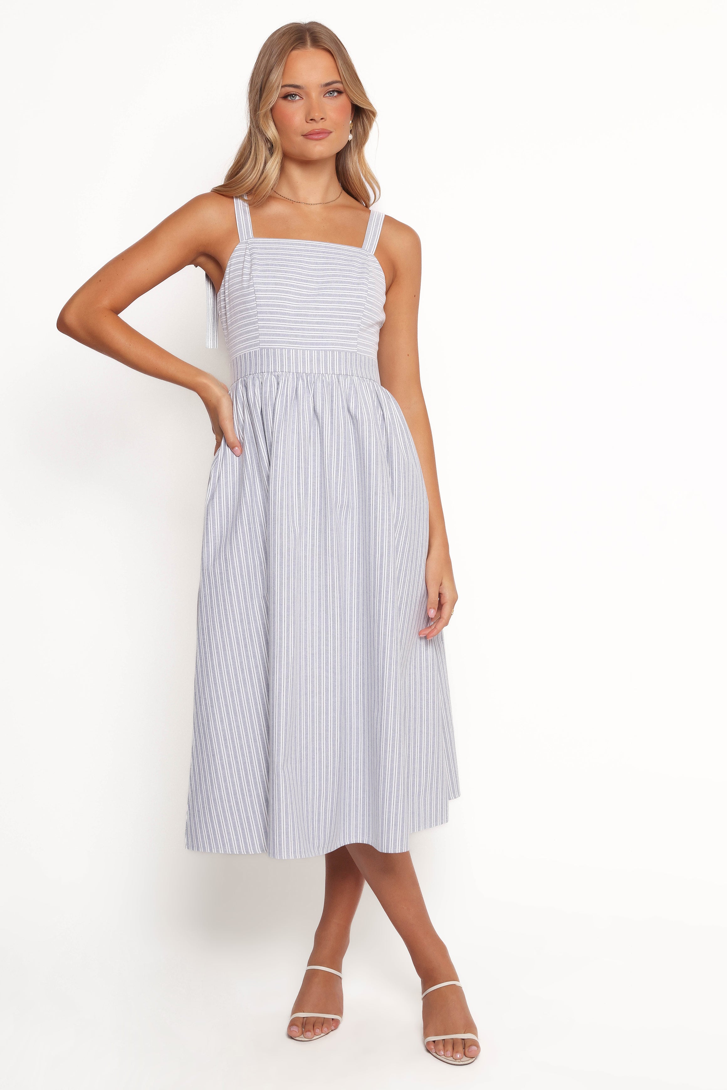 Johanna Square Neck Midi Dress with Bow Straps - Grey & White