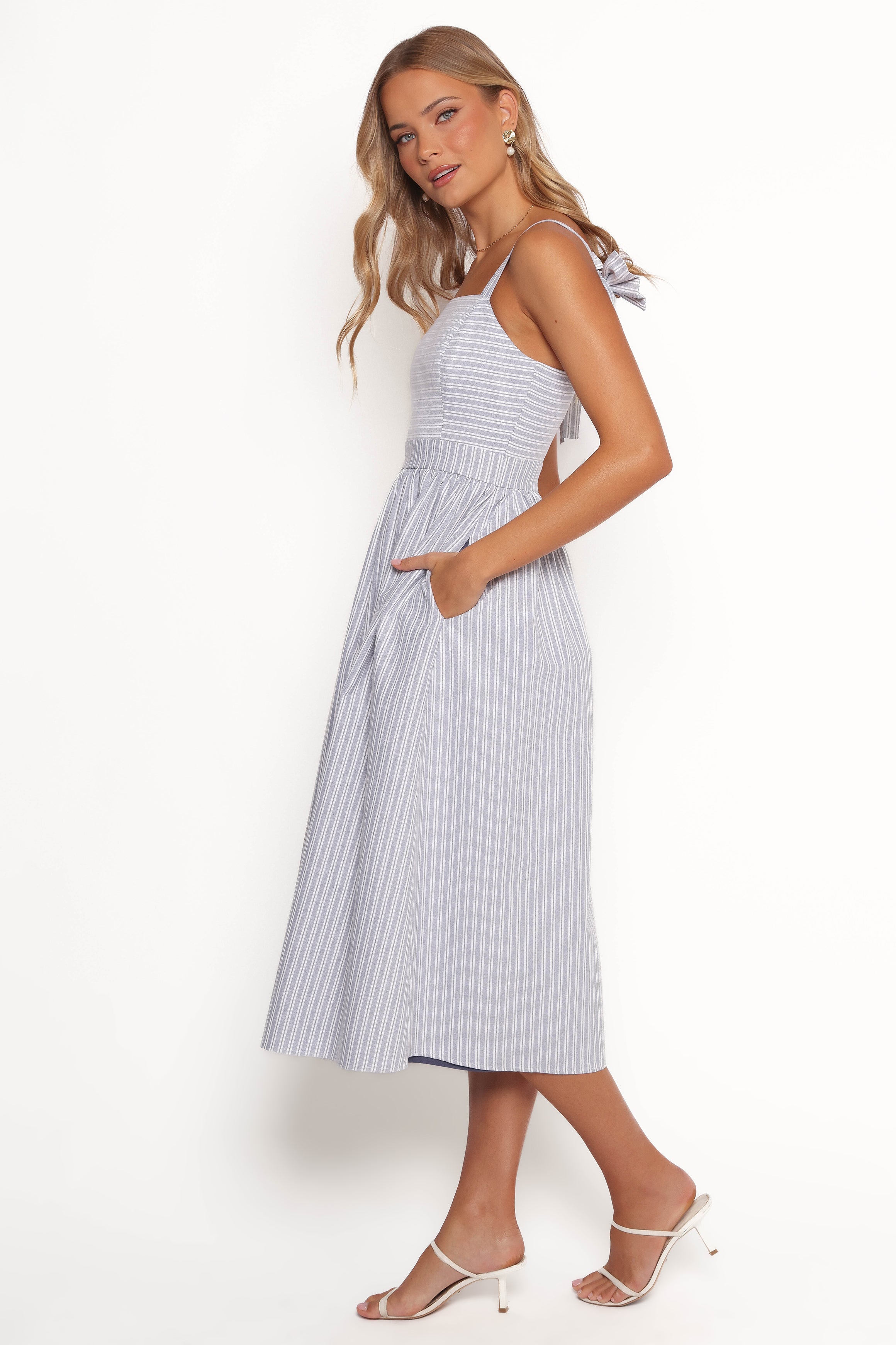 Johanna Square Neck Midi Dress with Bow Straps - Grey & White
