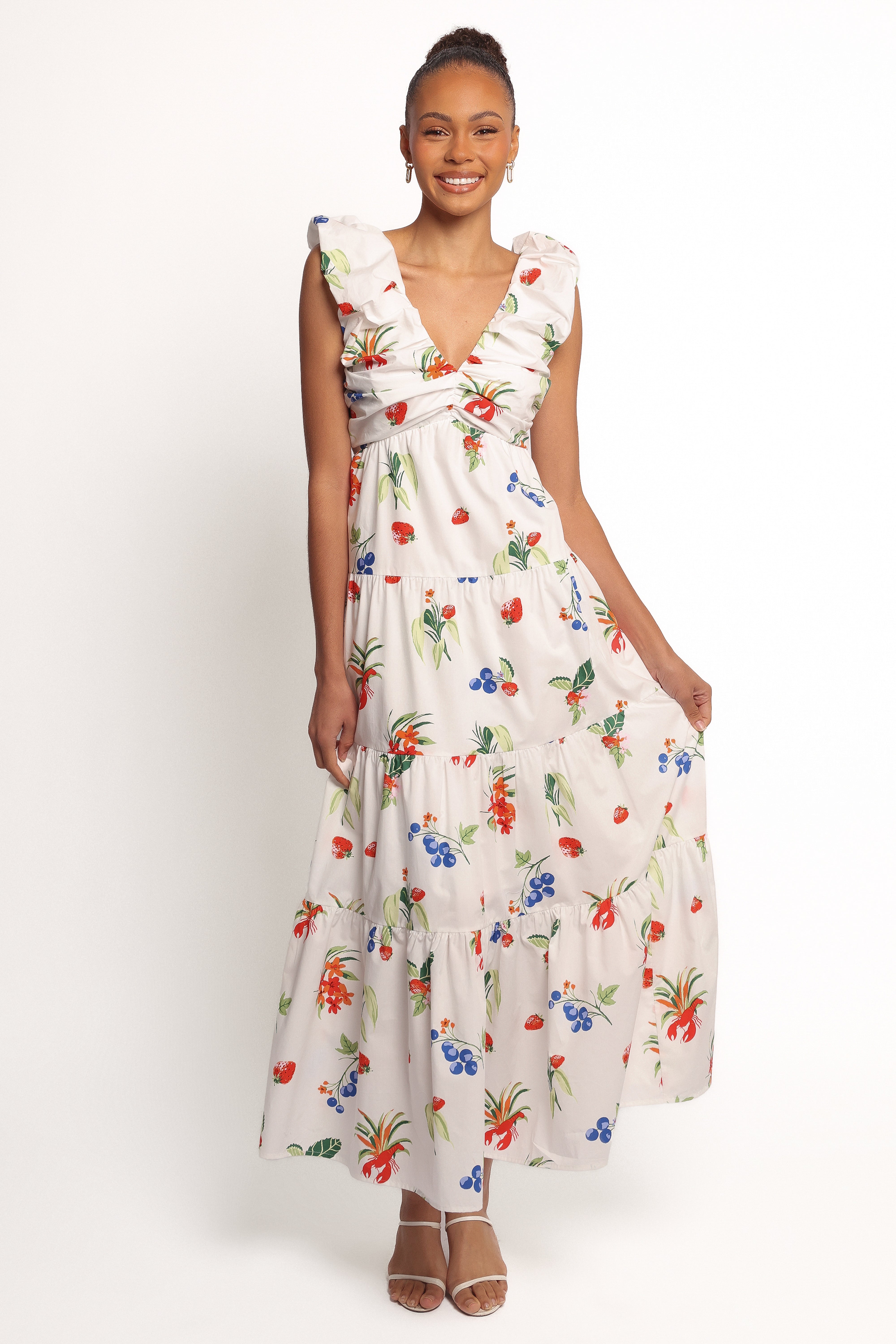 Valerie Cotton Maxi Dress with Fruit Print - Off White & Red