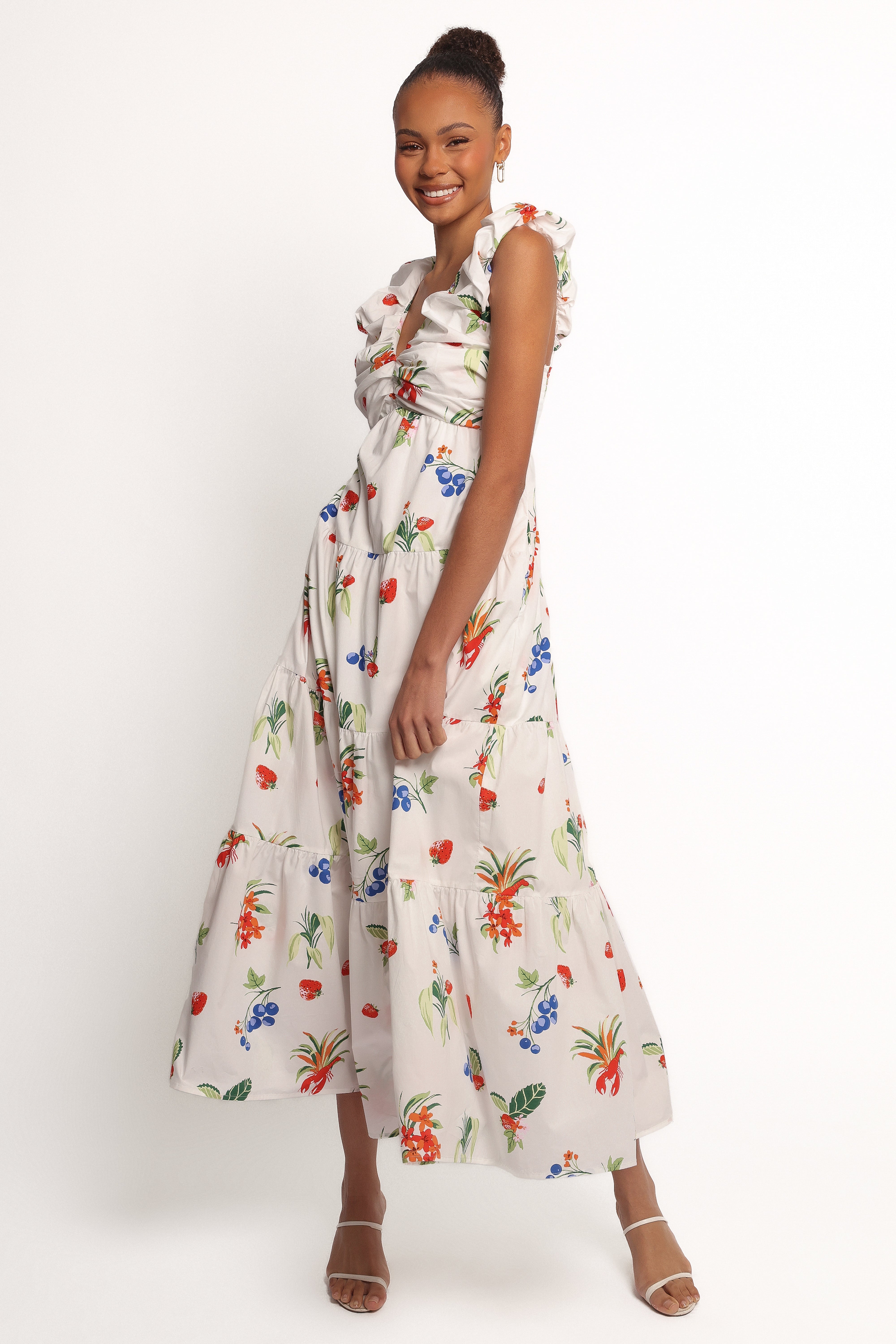 Valerie Cotton Maxi Dress with Fruit Print - Off White & Red