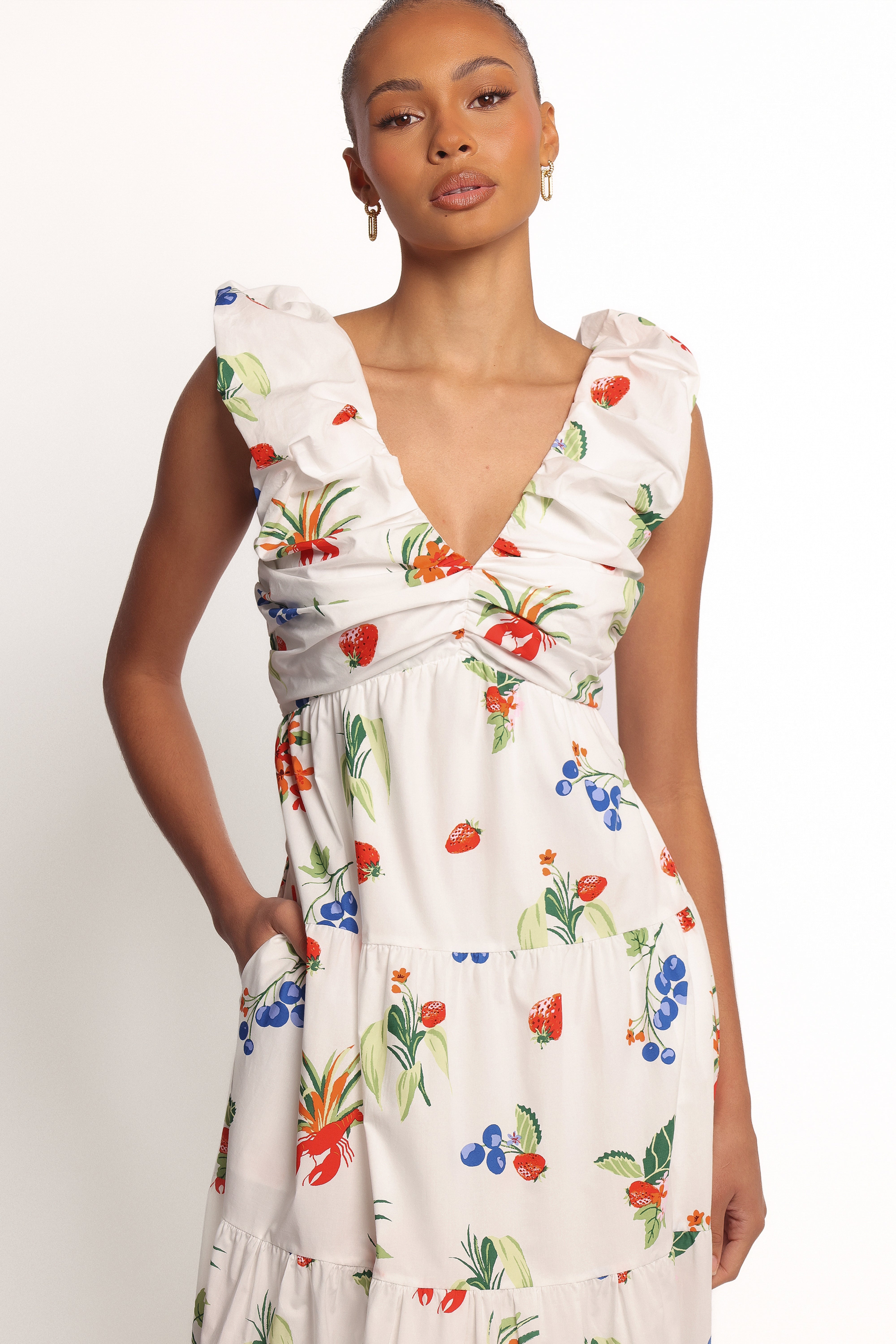 Valerie Cotton Maxi Dress with Fruit Print - Off White & Red
