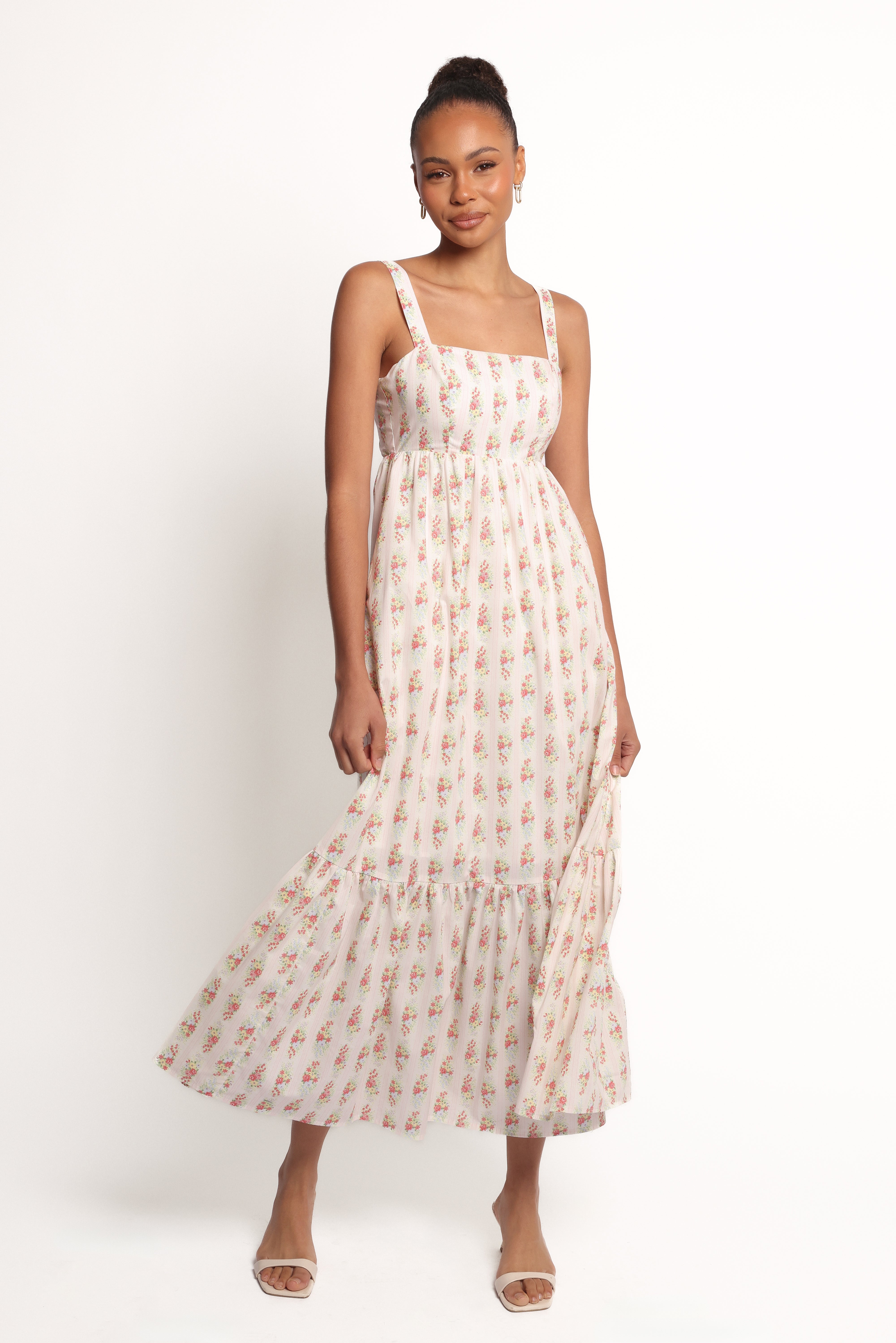 Floral Print Gabriela Maxi Dress - Off White Rayon Square Neck