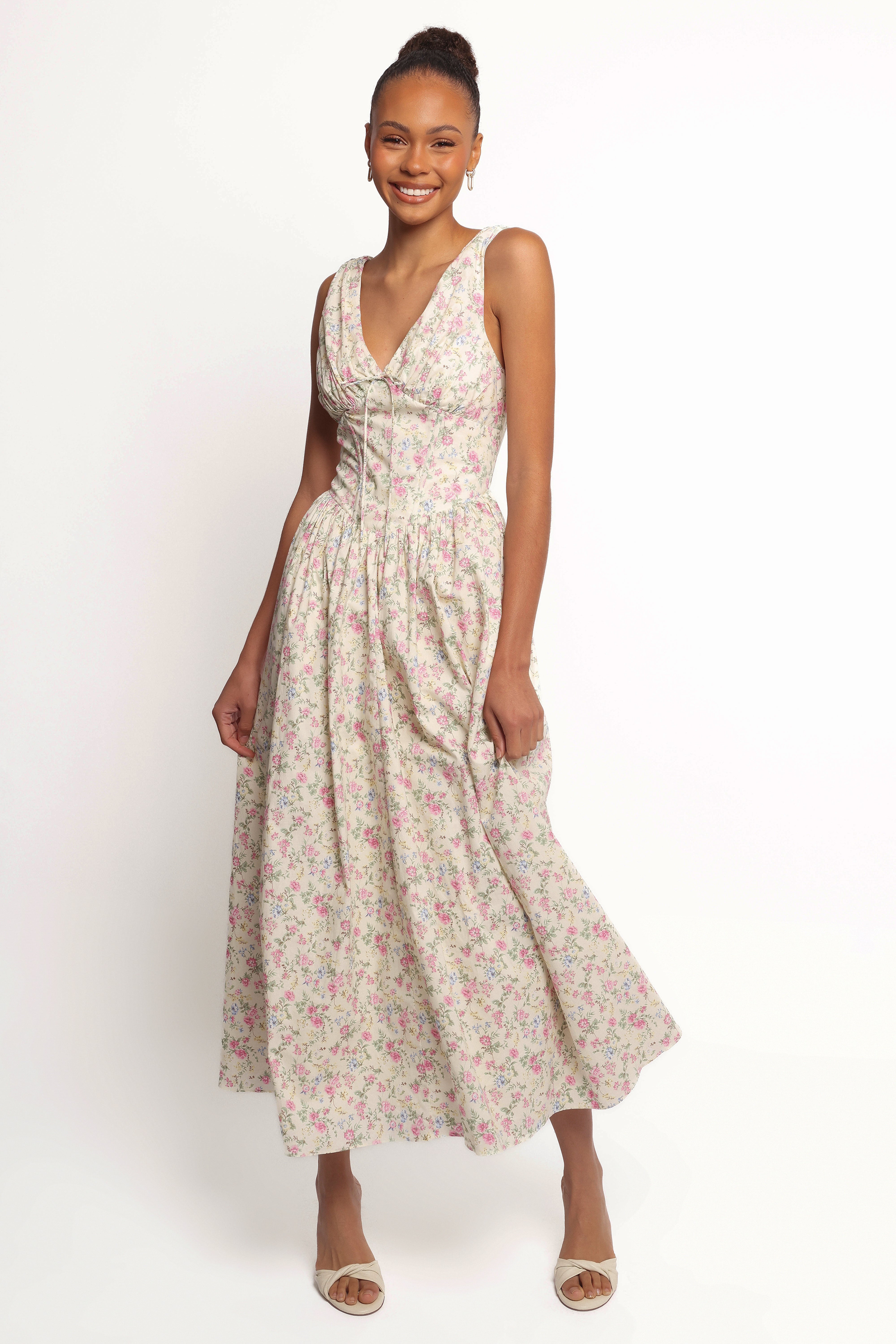 Veda Floral Maxi Dress with V-Neck & Boned Bodice - Pink