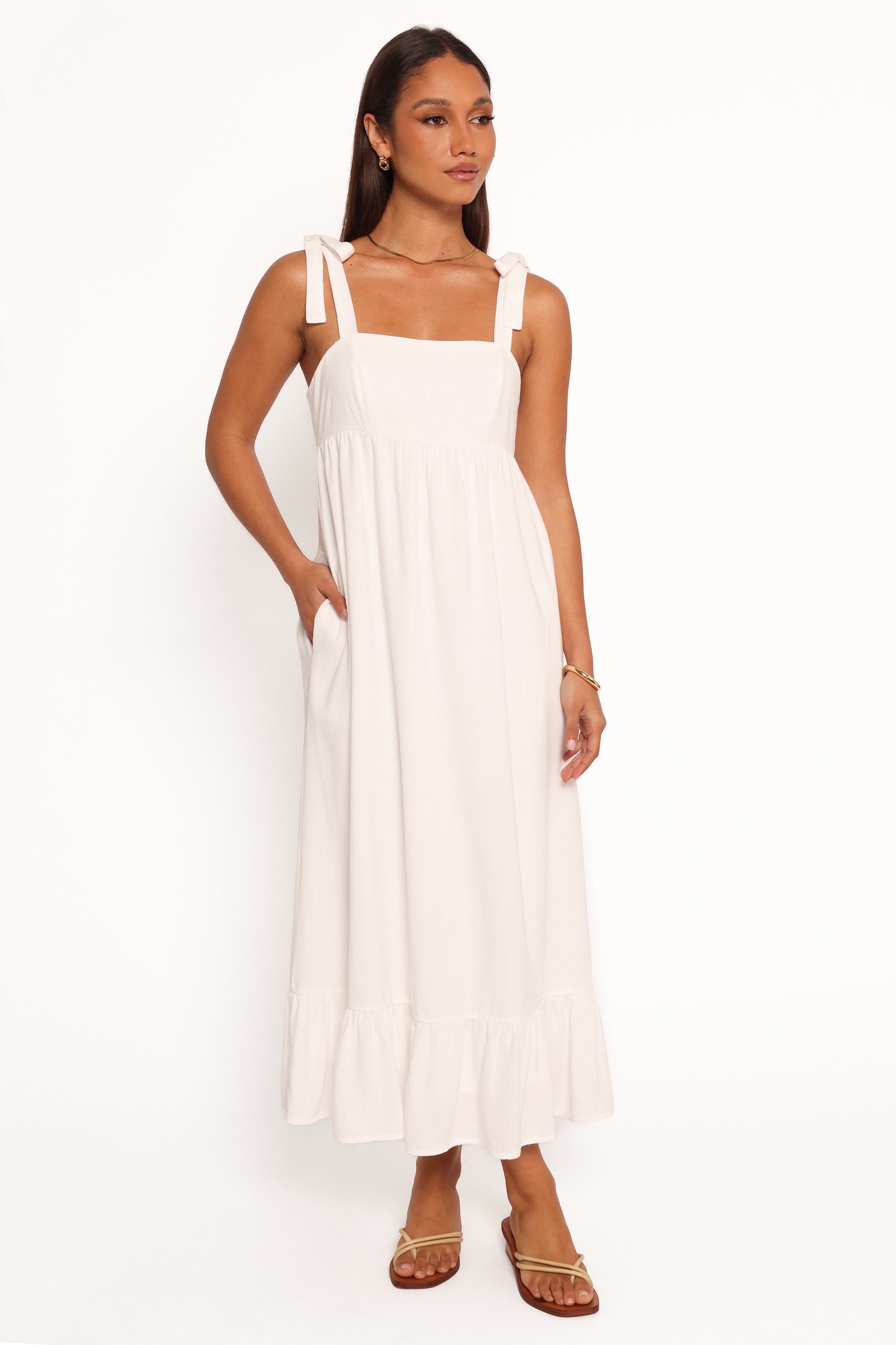 White Linen Midi Dress with Ruffle Hem & Pockets - Edison