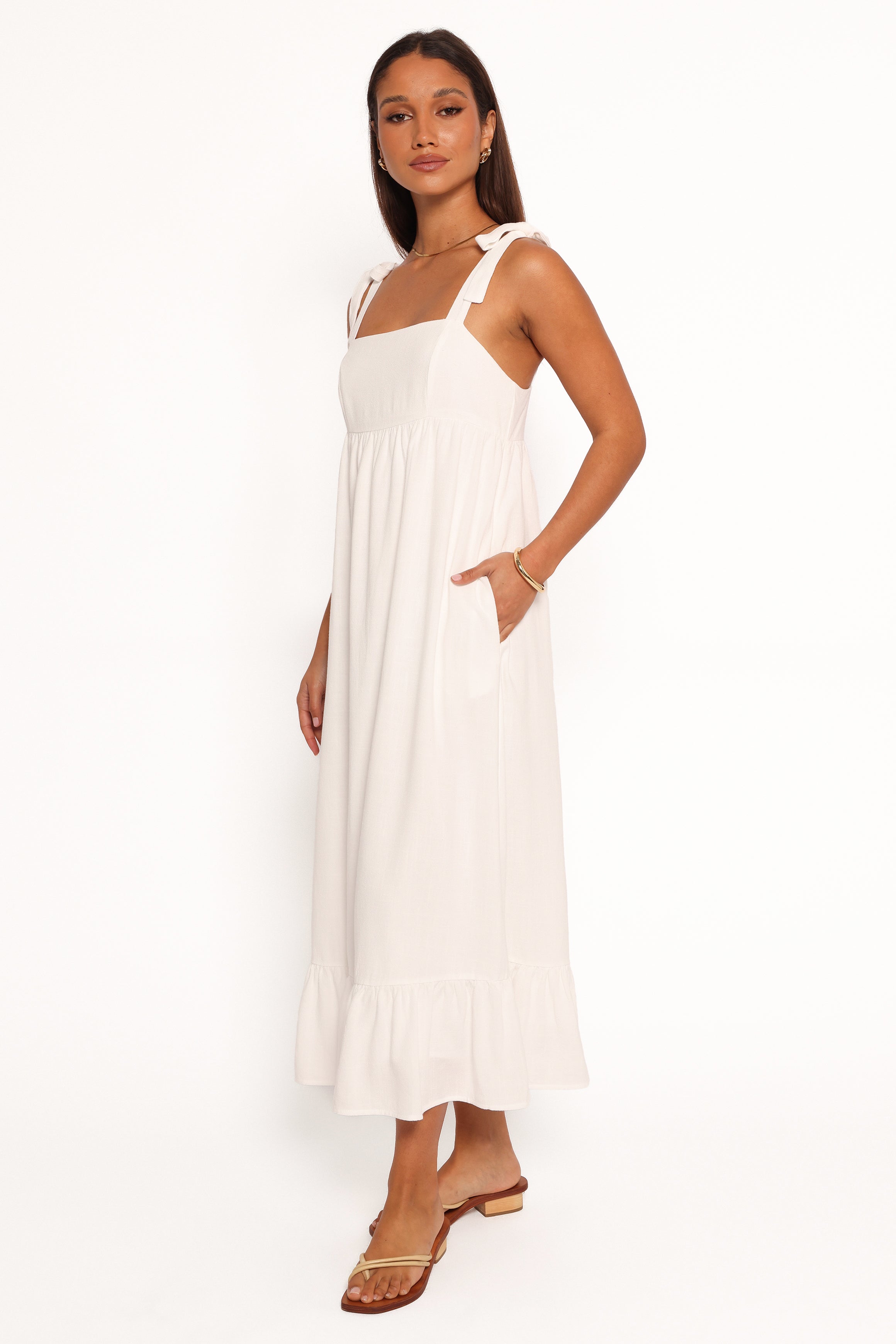 White Linen Midi Dress with Ruffle Hem & Pockets - Edison