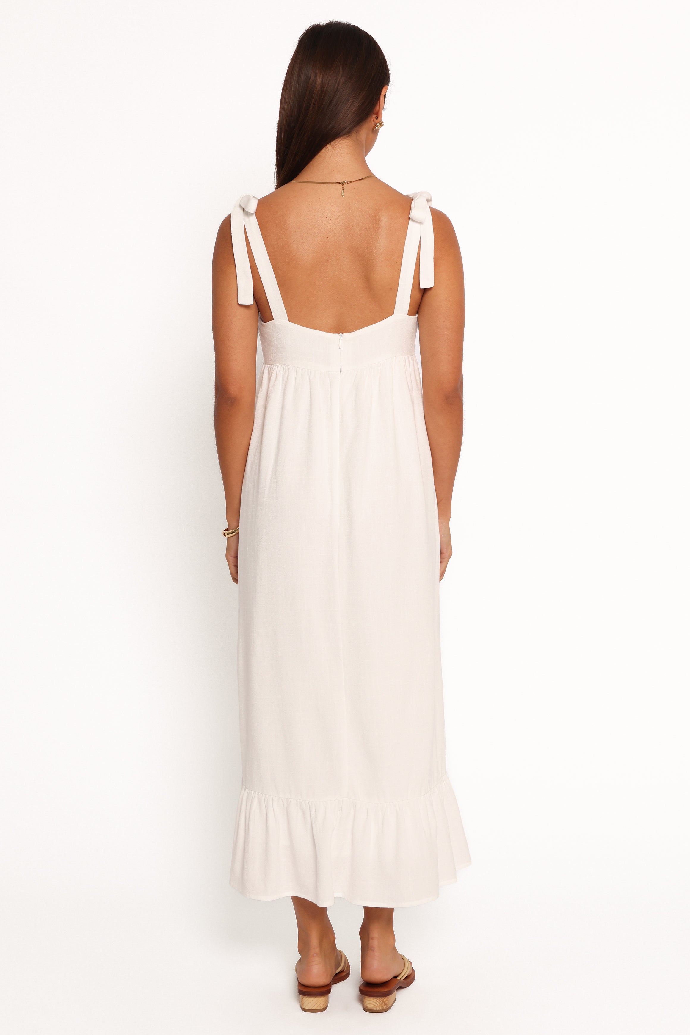 White Linen Midi Dress with Ruffle Hem & Pockets - Edison