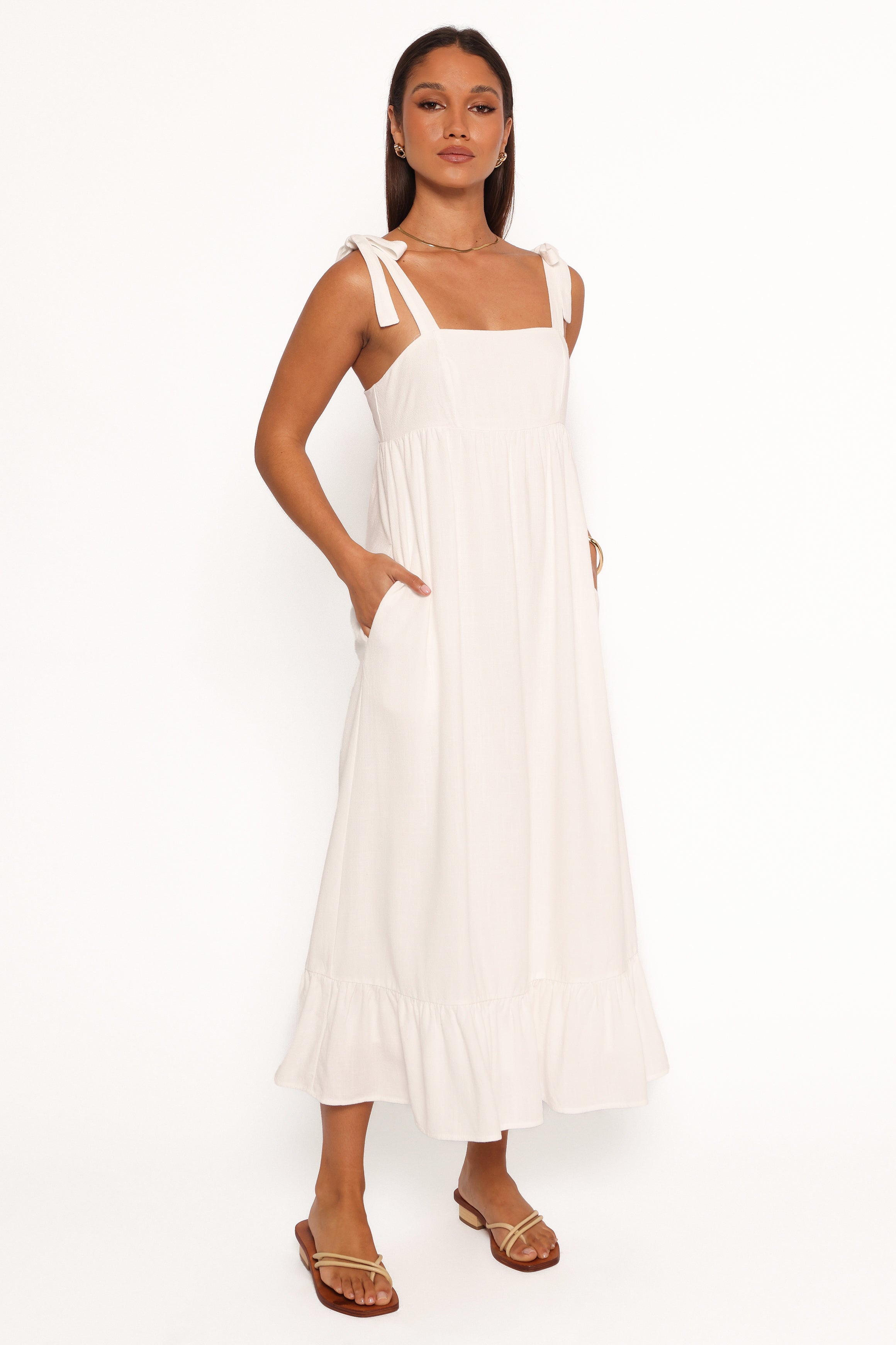 White Linen Midi Dress with Ruffle Hem & Pockets - Edison