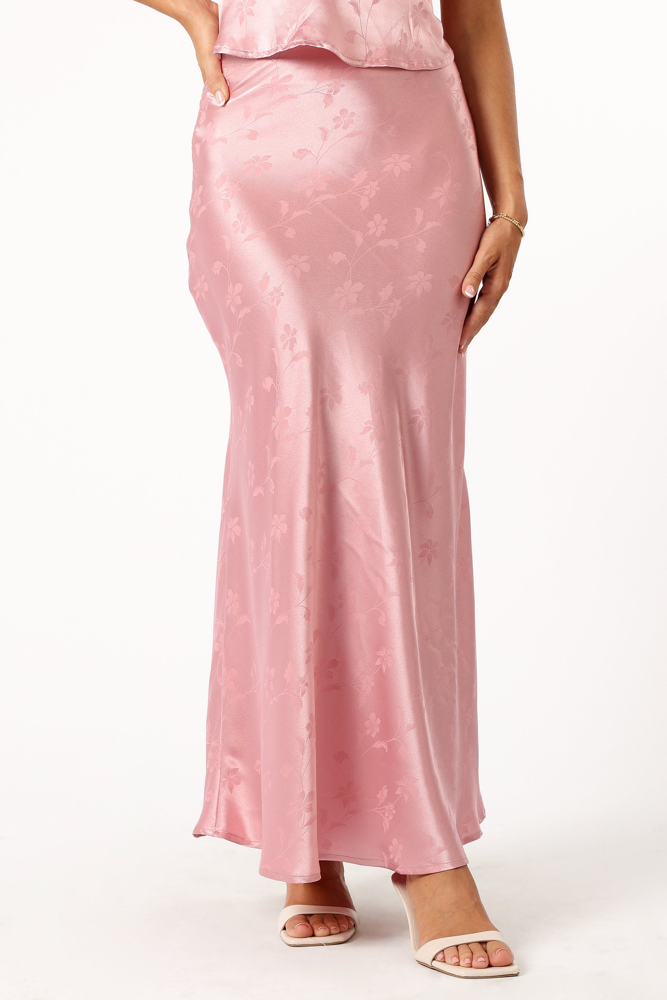 Women's Dusty Rose Satin Two Piece Set - Cowl Neck Top & A-Line Skirt