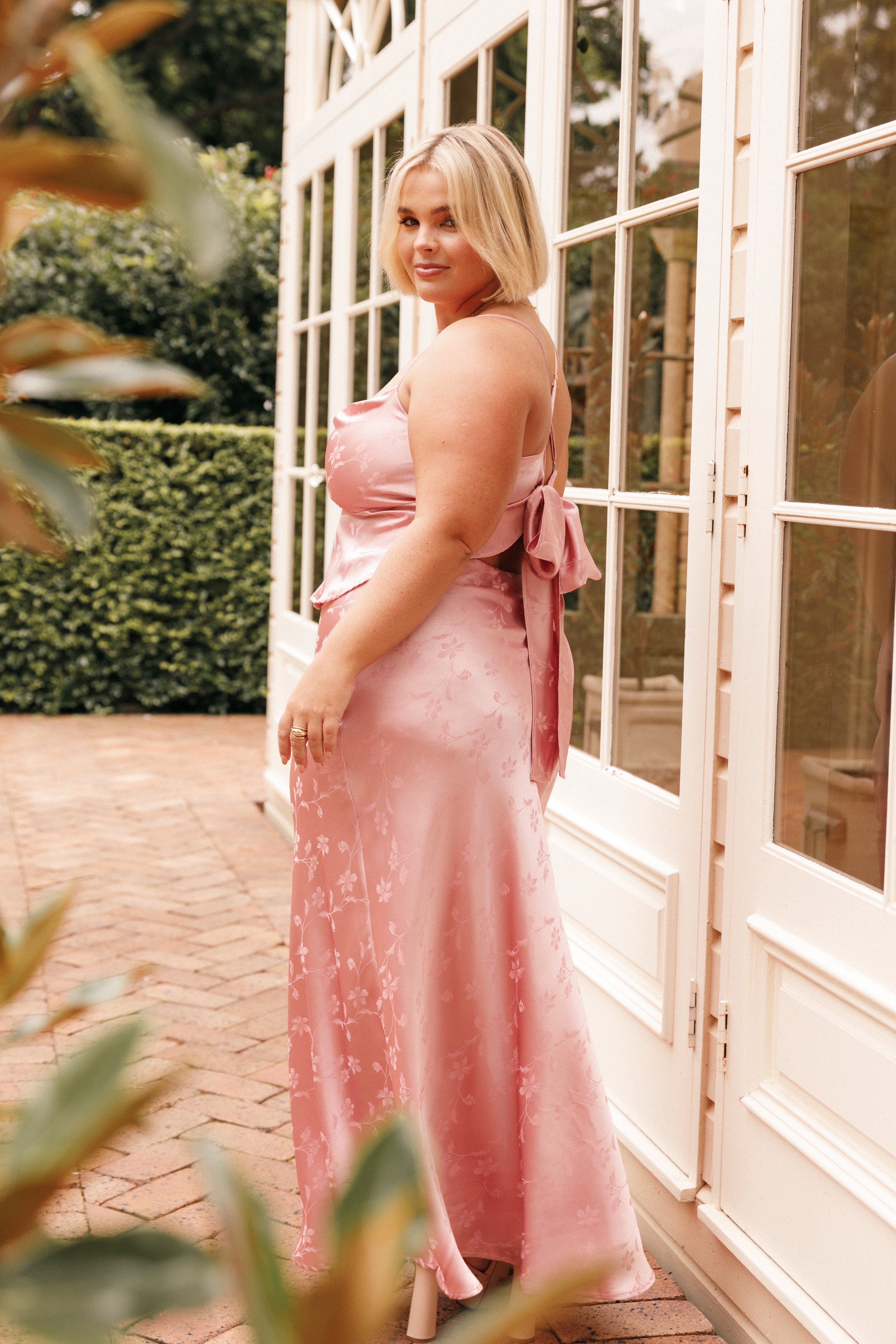 Women's Dusty Rose Satin Two Piece Set - Cowl Neck Top & A-Line Skirt