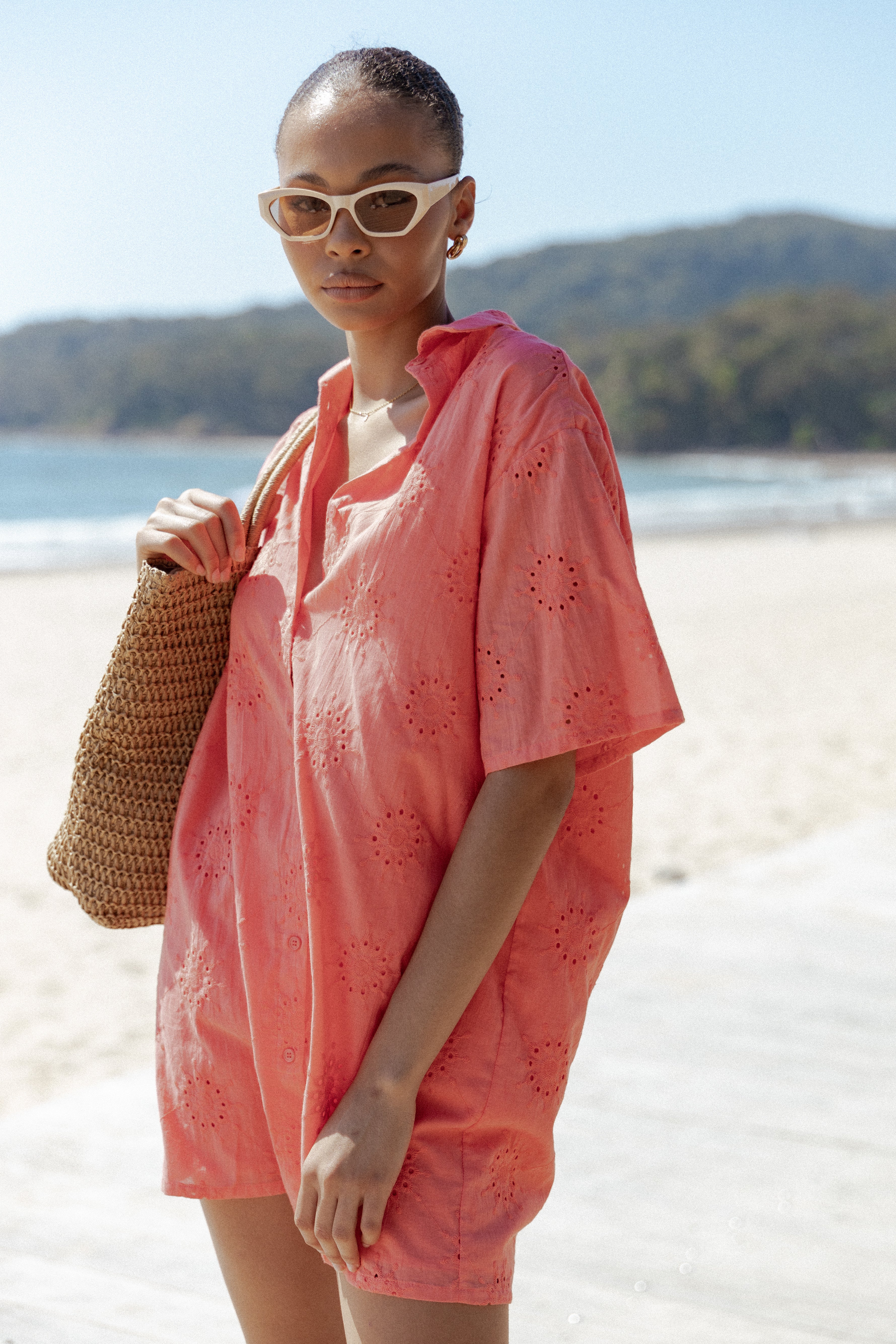 Floral Embroidered Cotton Mini Dress - Norah Coral Shift Style