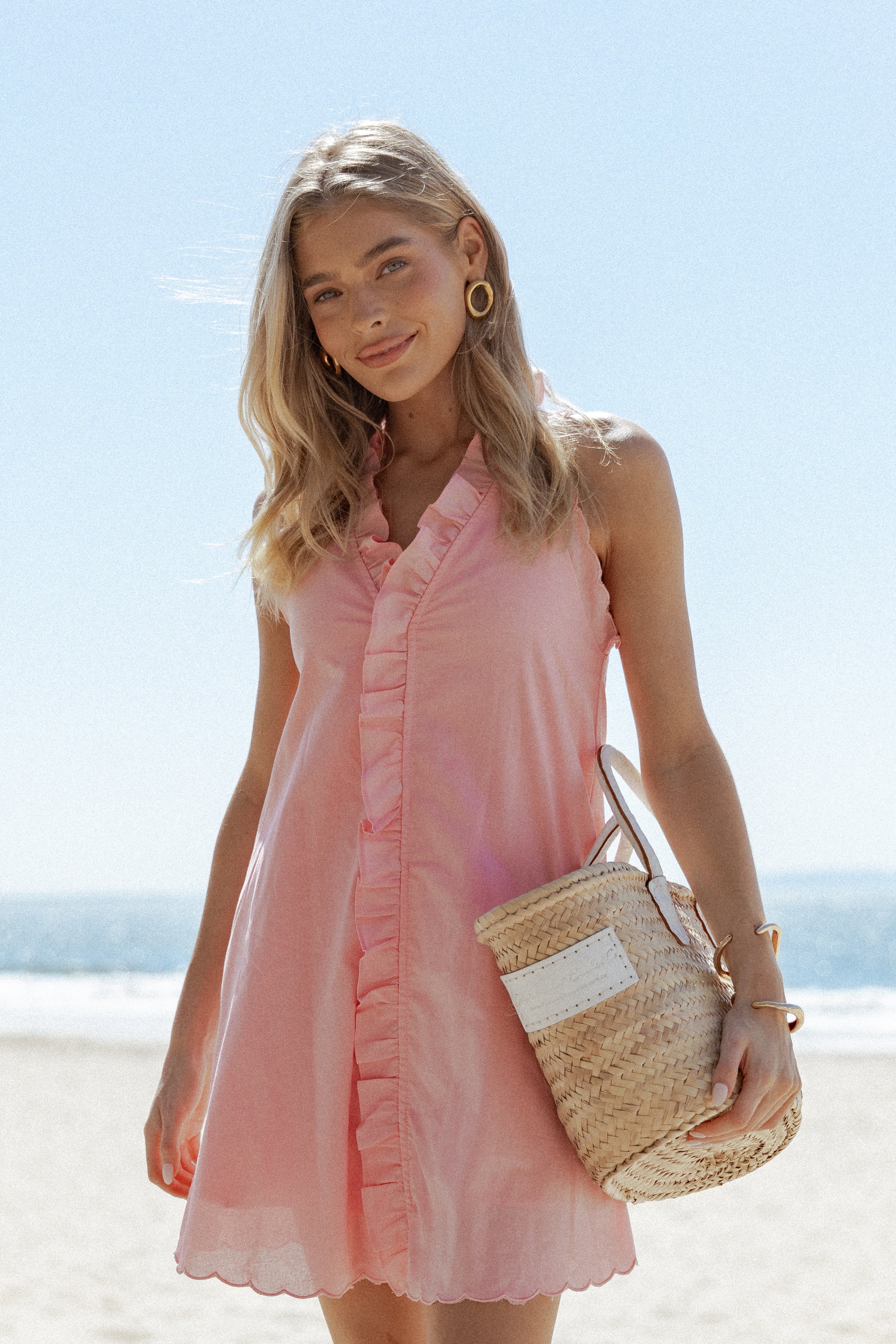Pale Pink Cassandra Ruffle Mini Dress with Button Front & Pockets