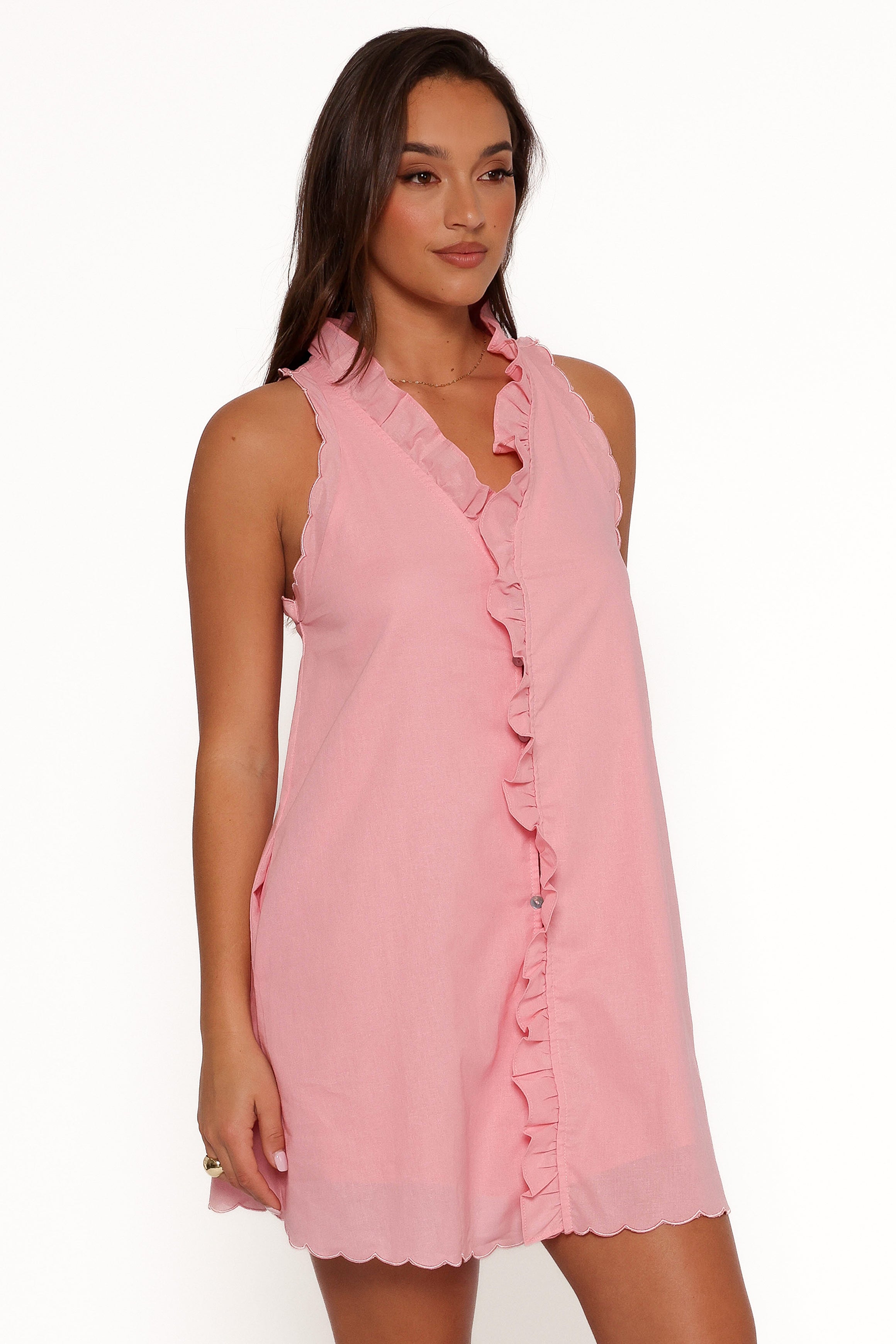 Pale Pink Cassandra Ruffle Mini Dress with Button Front & Pockets