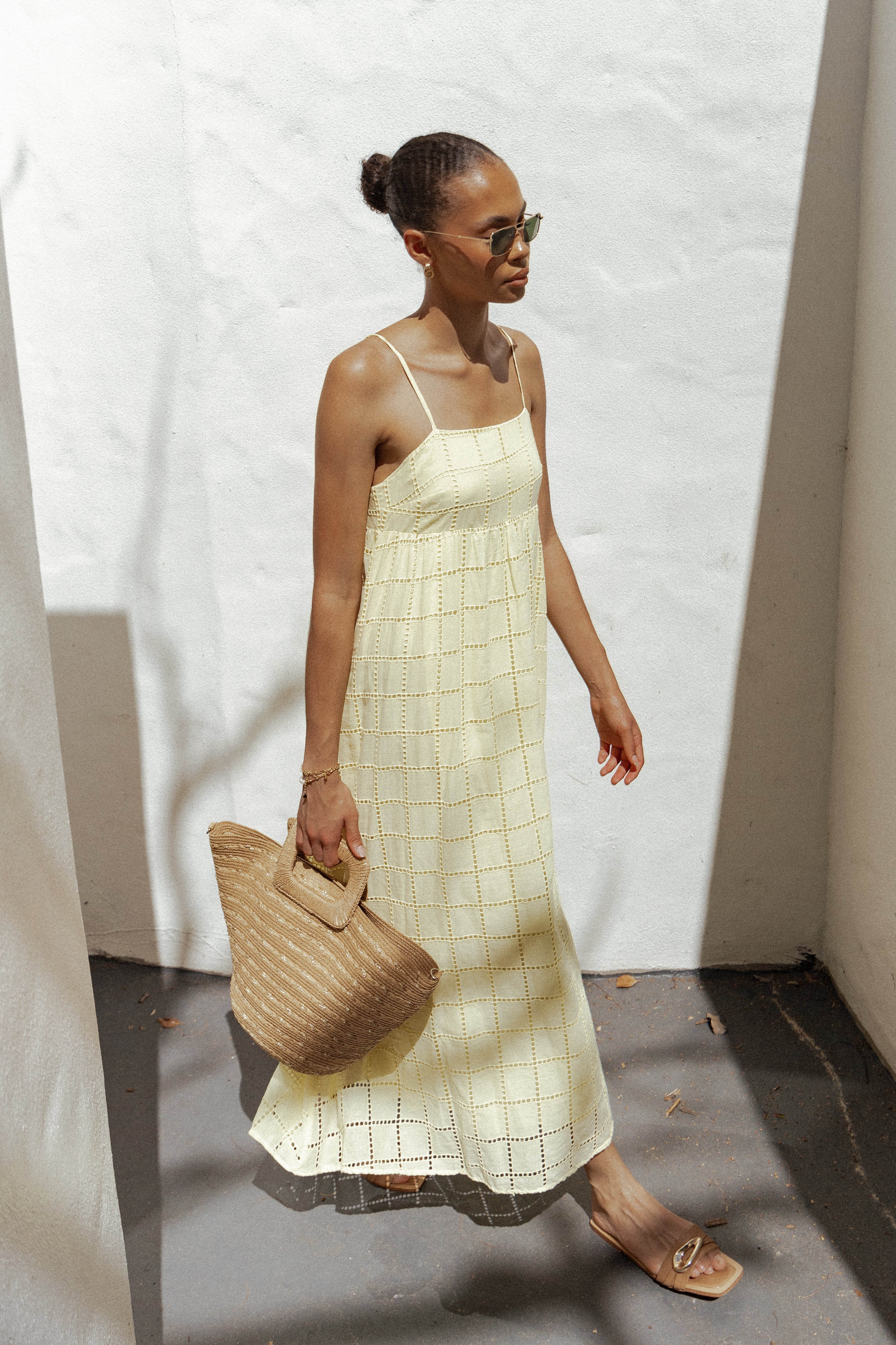 Butter Yellow Alyah Cotton Maxi Dress with Embroidery