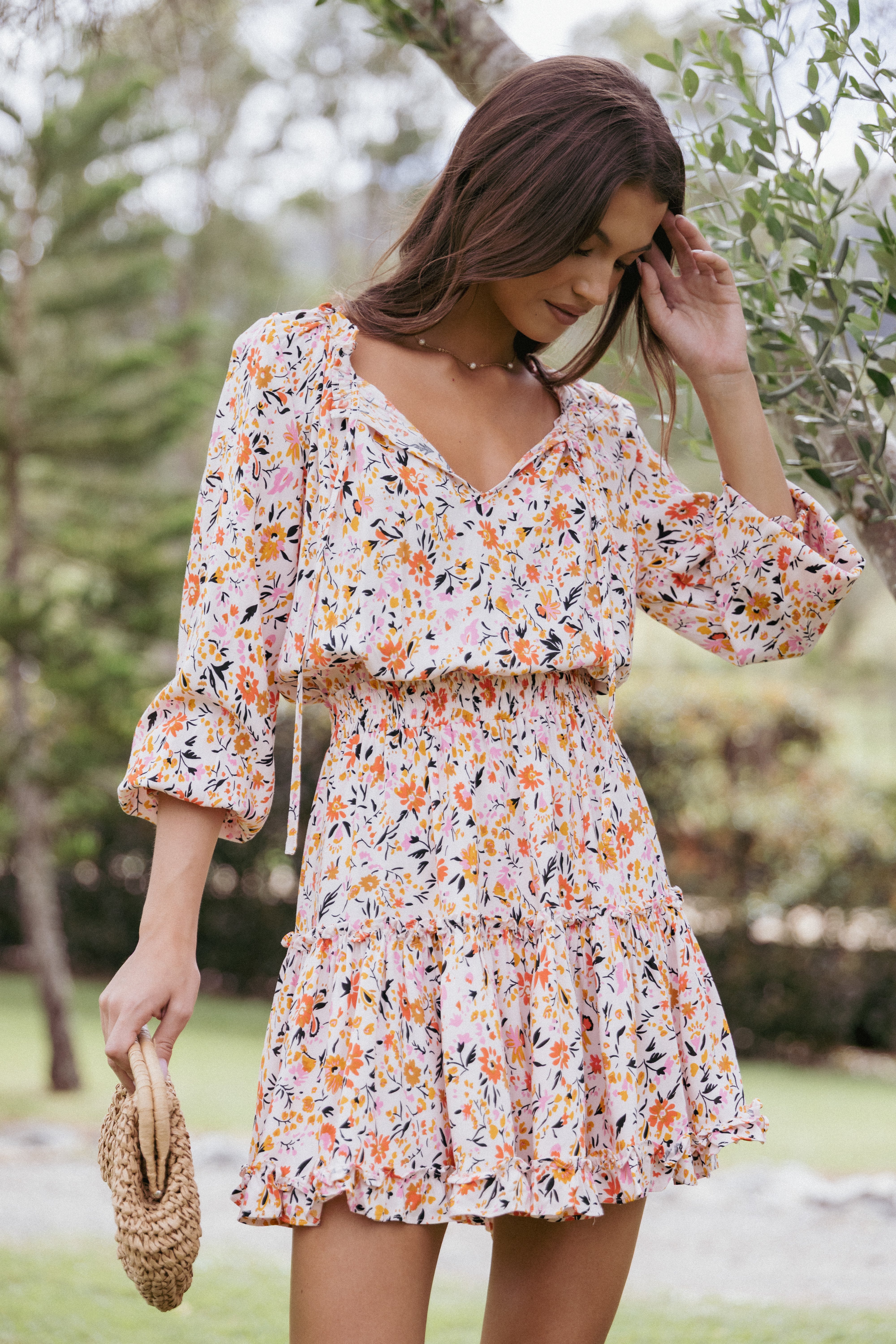 Pink Ditsy Floral Mini Dress with Ruffle Neckline - Kealan