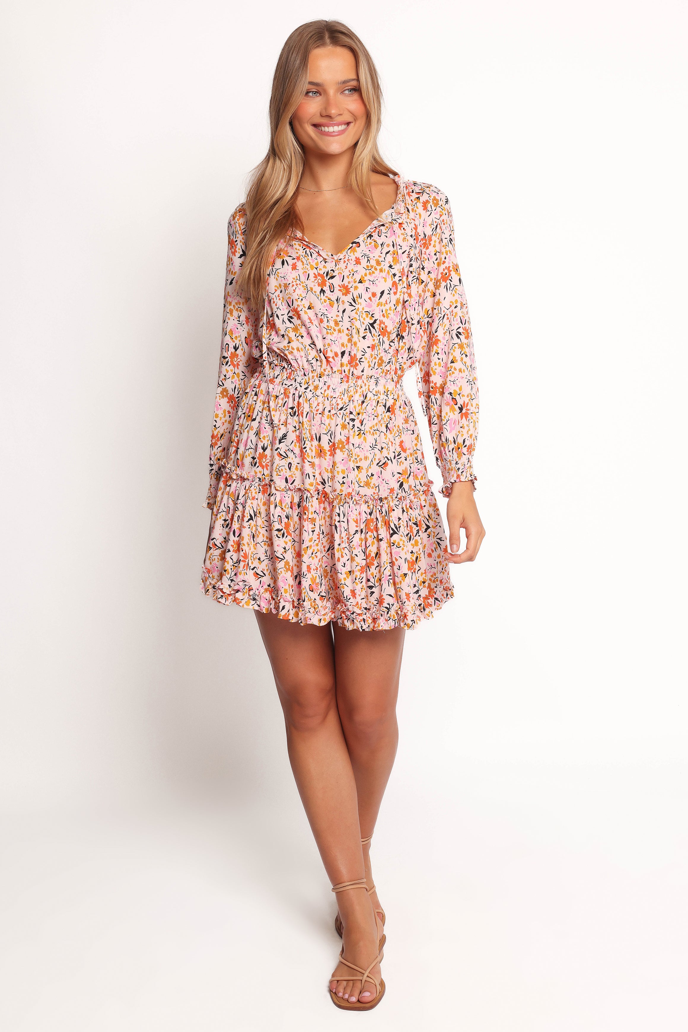 Pink Ditsy Floral Mini Dress with Ruffle Neckline - Kealan