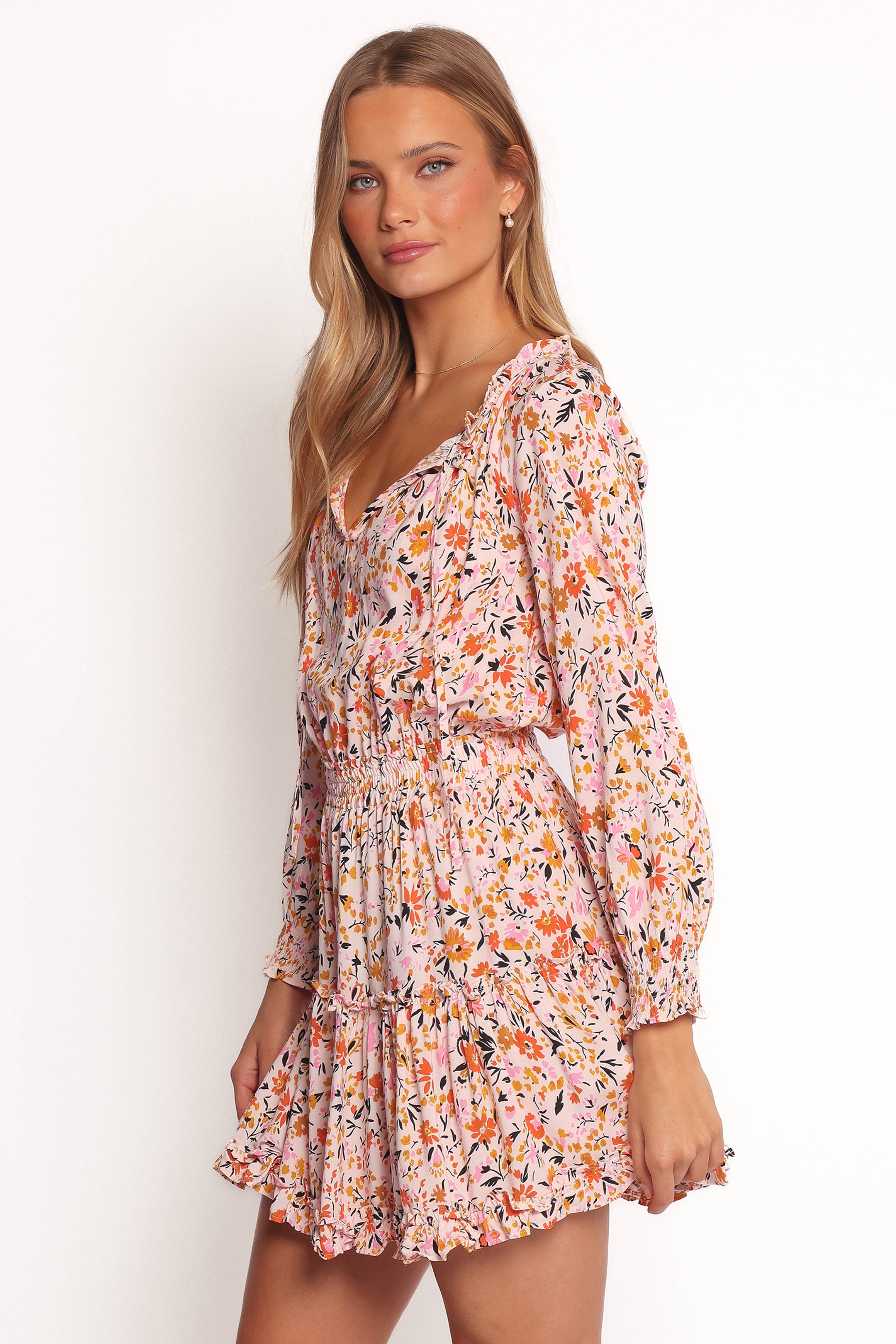 Pink Ditsy Floral Mini Dress with Ruffle Neckline - Kealan