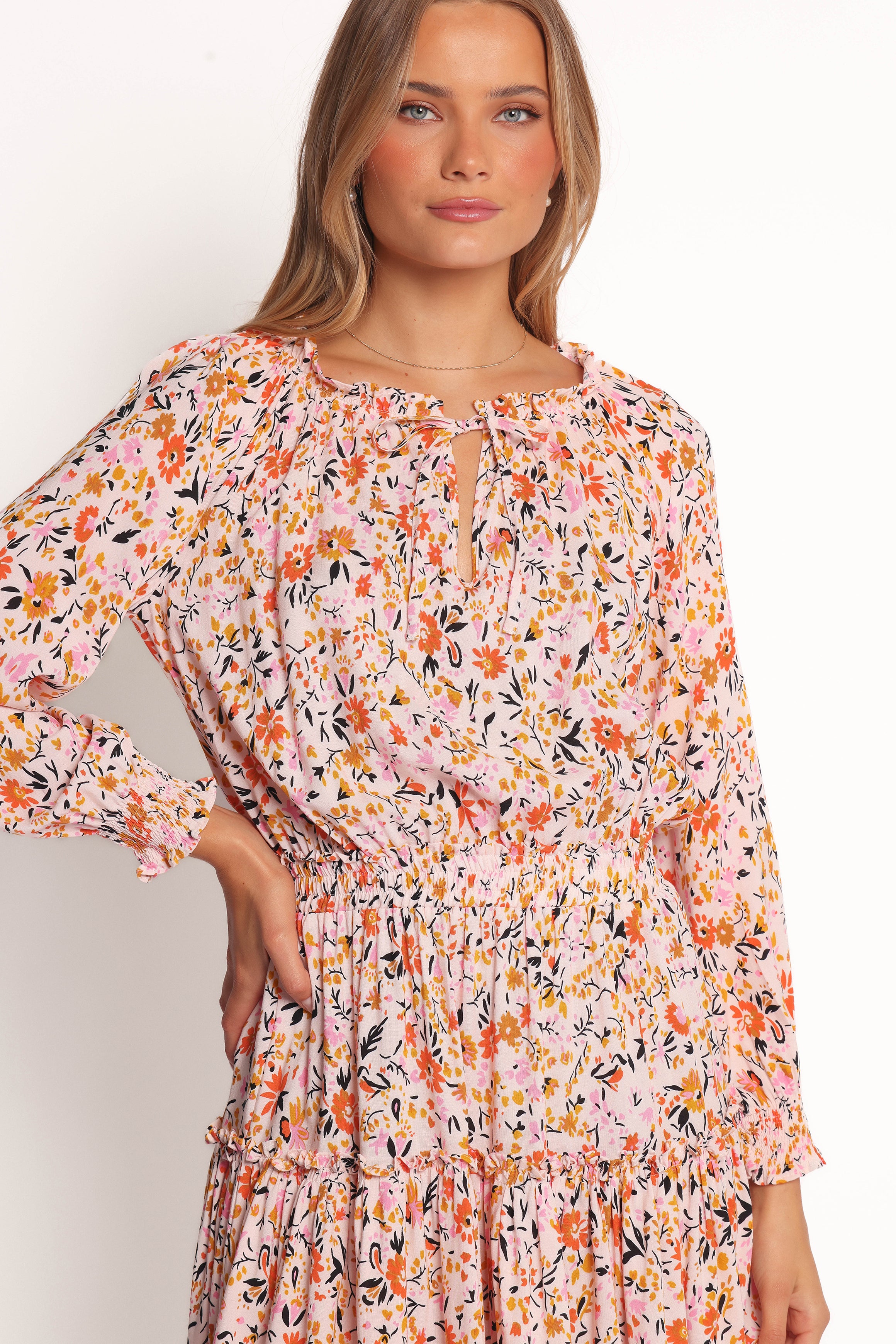 Pink Ditsy Floral Mini Dress with Ruffle Neckline - Kealan