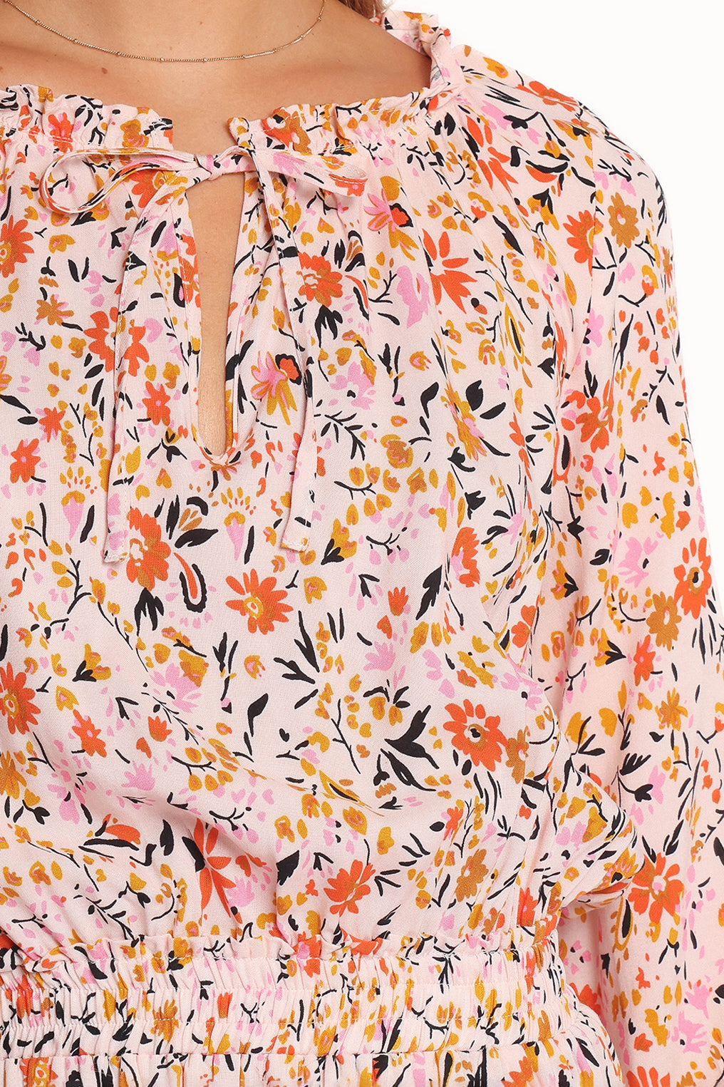 Pink Ditsy Floral Mini Dress with Ruffle Neckline - Kealan