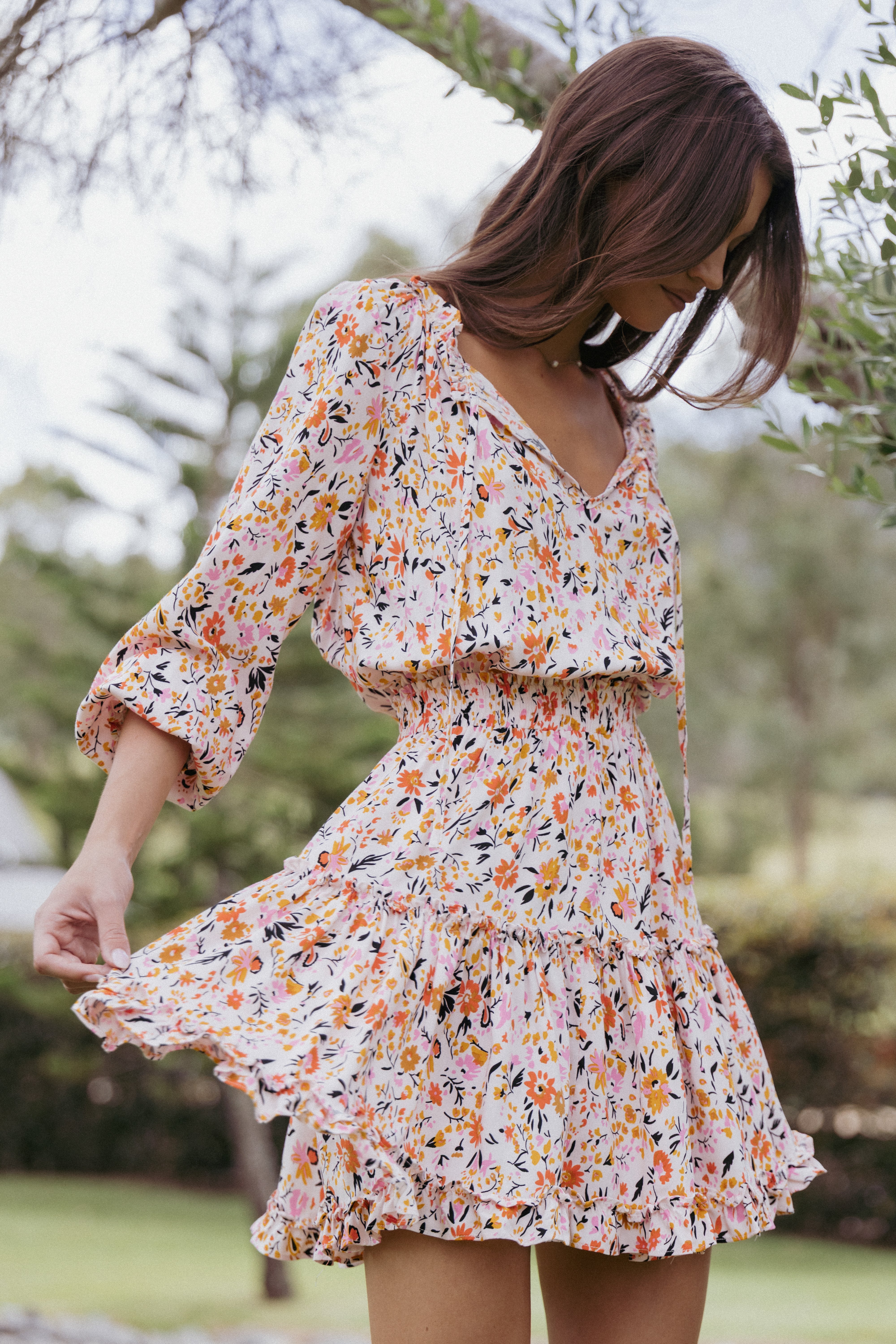 Pink Ditsy Floral Mini Dress with Ruffle Neckline - Kealan